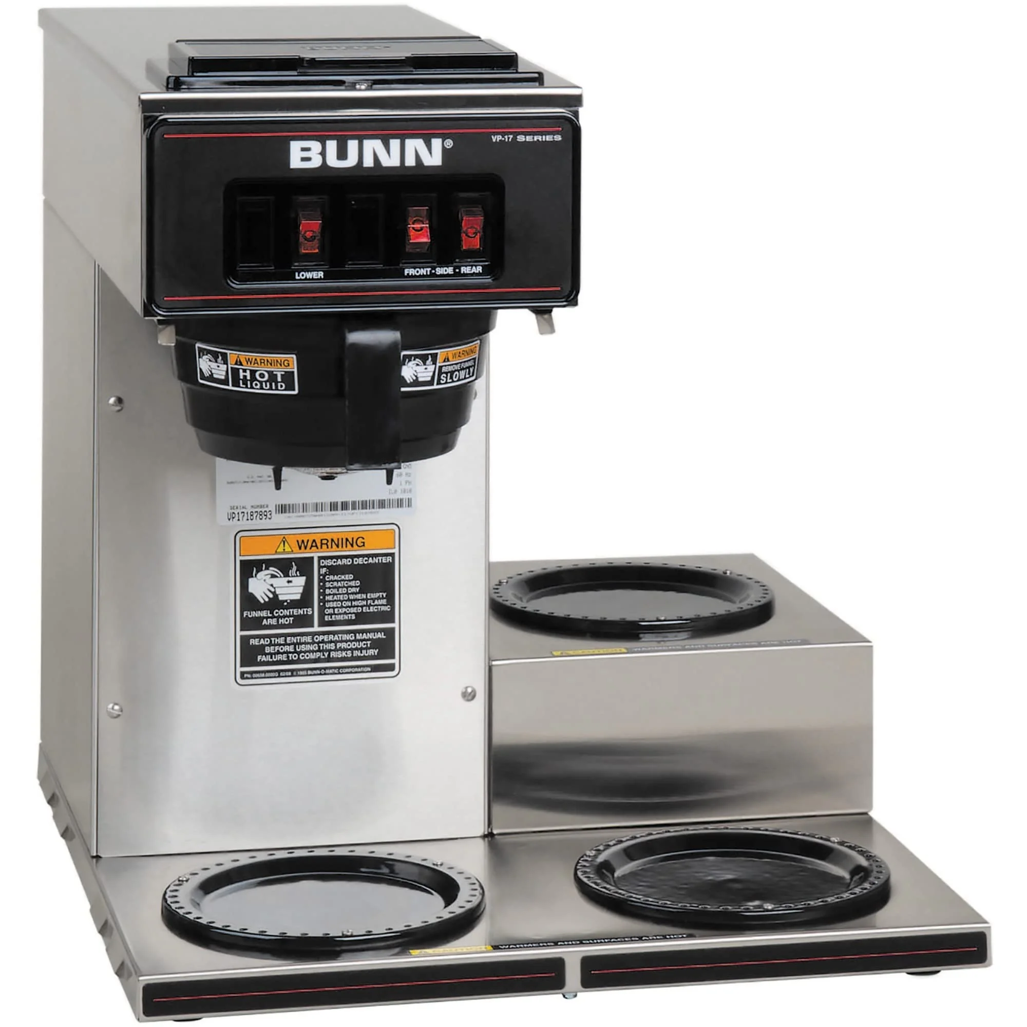 BUNN VP17-3, 12-Cup Low Profile Pourover Commercial Coffee Maker, 3 Lower Warmers, 13300.0003,Silver product image