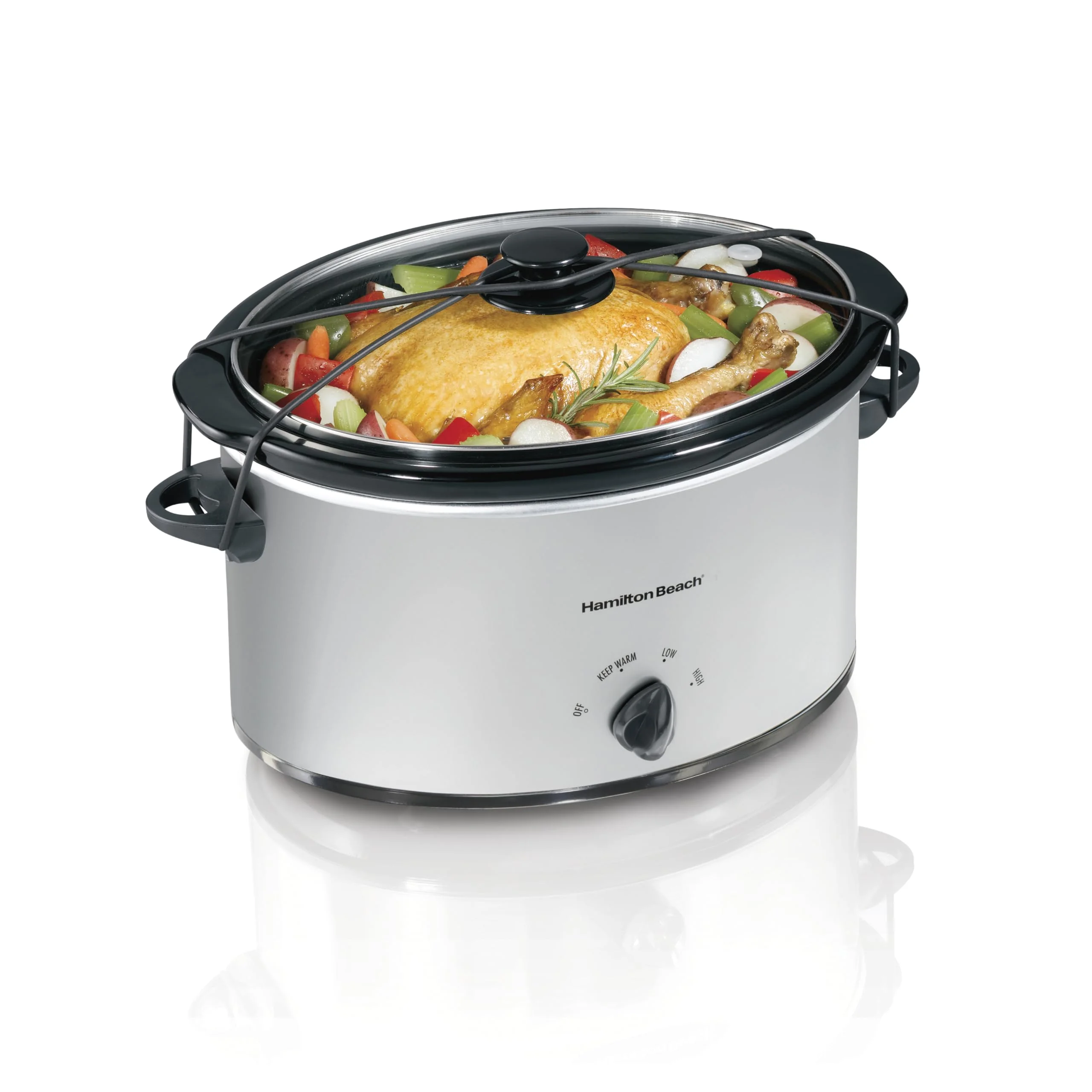Hamilton Beach 7-Quart Portable Slow Cooker Serves 8+, Dishwasher Safe Crock, Lid Latch Strap for Travel, Brushed Silver product image