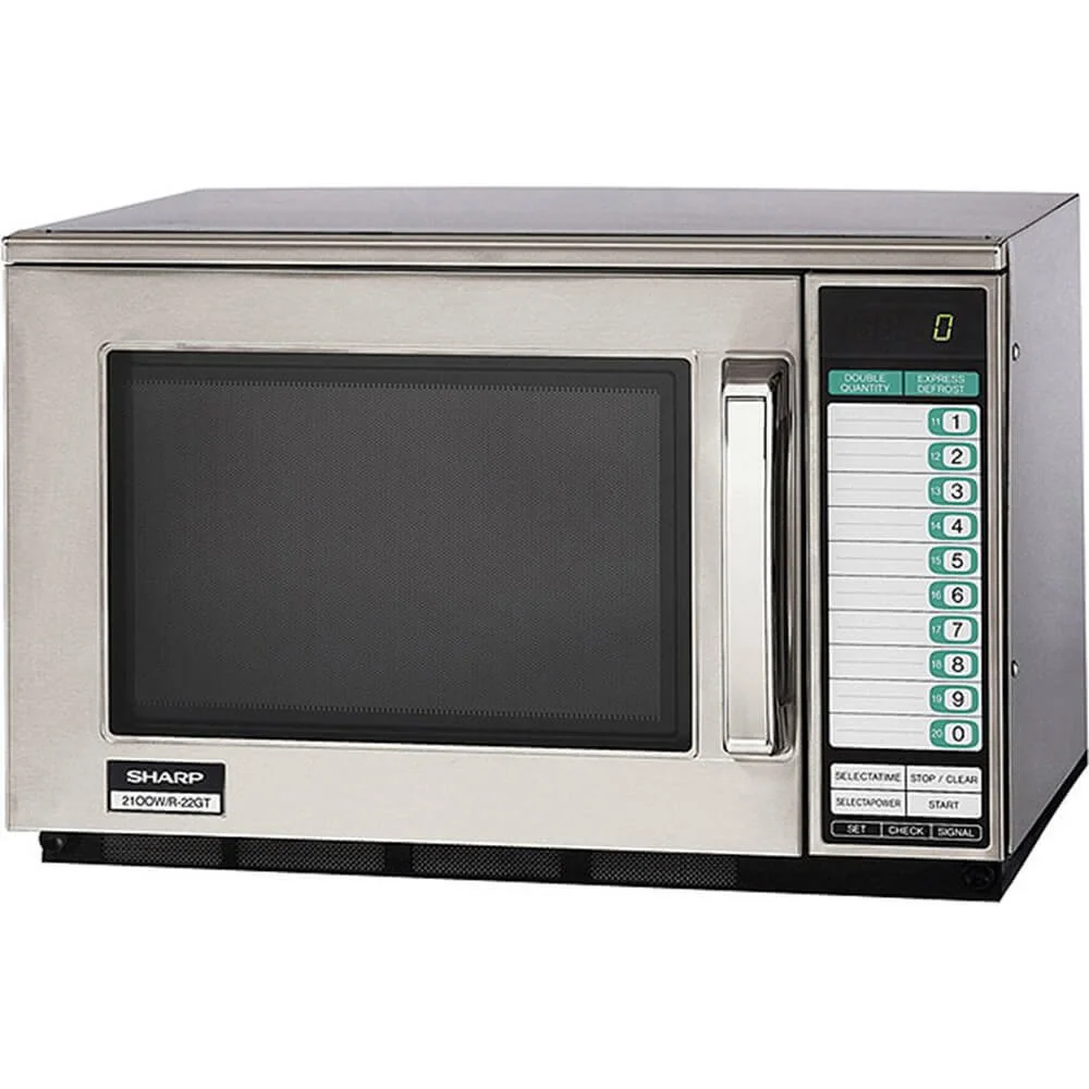 Sharp R-22GT Commercial Microwave Oven, Heavy Duty, 1200 Watt, 0.70 cu. ft. Capacity, Stainless Steel, 20 Program Inputs, 11 Power Levels, Express Defrost, 3-Stage Cooking, Digital Display product image
