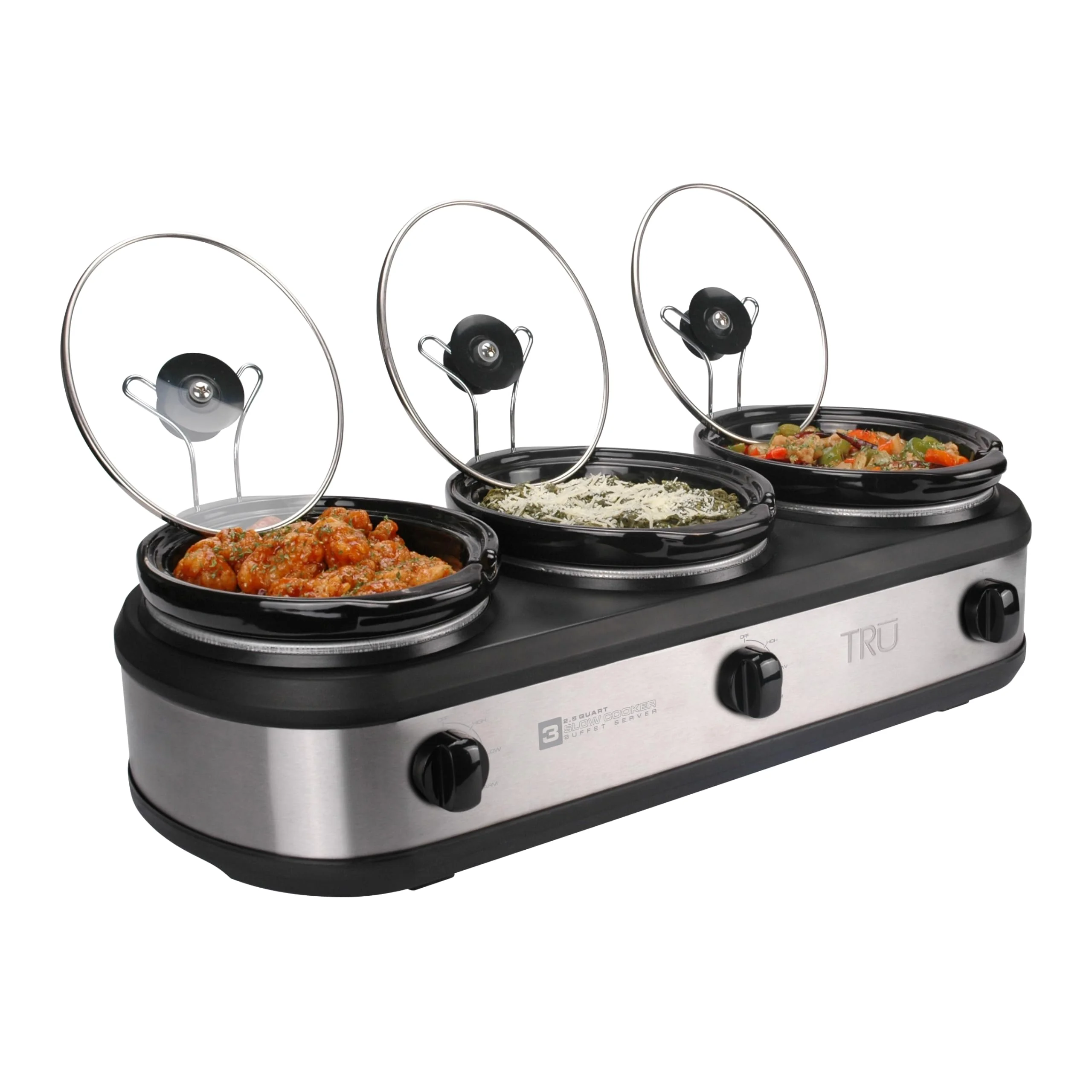 TRU Triple Buffet Server - Three 2.5 Quart Removable Crock Inserts - Slow Cooker & Food Warmer with Individual Heat Control - Includes Lid Rests & Serving Spoons product image