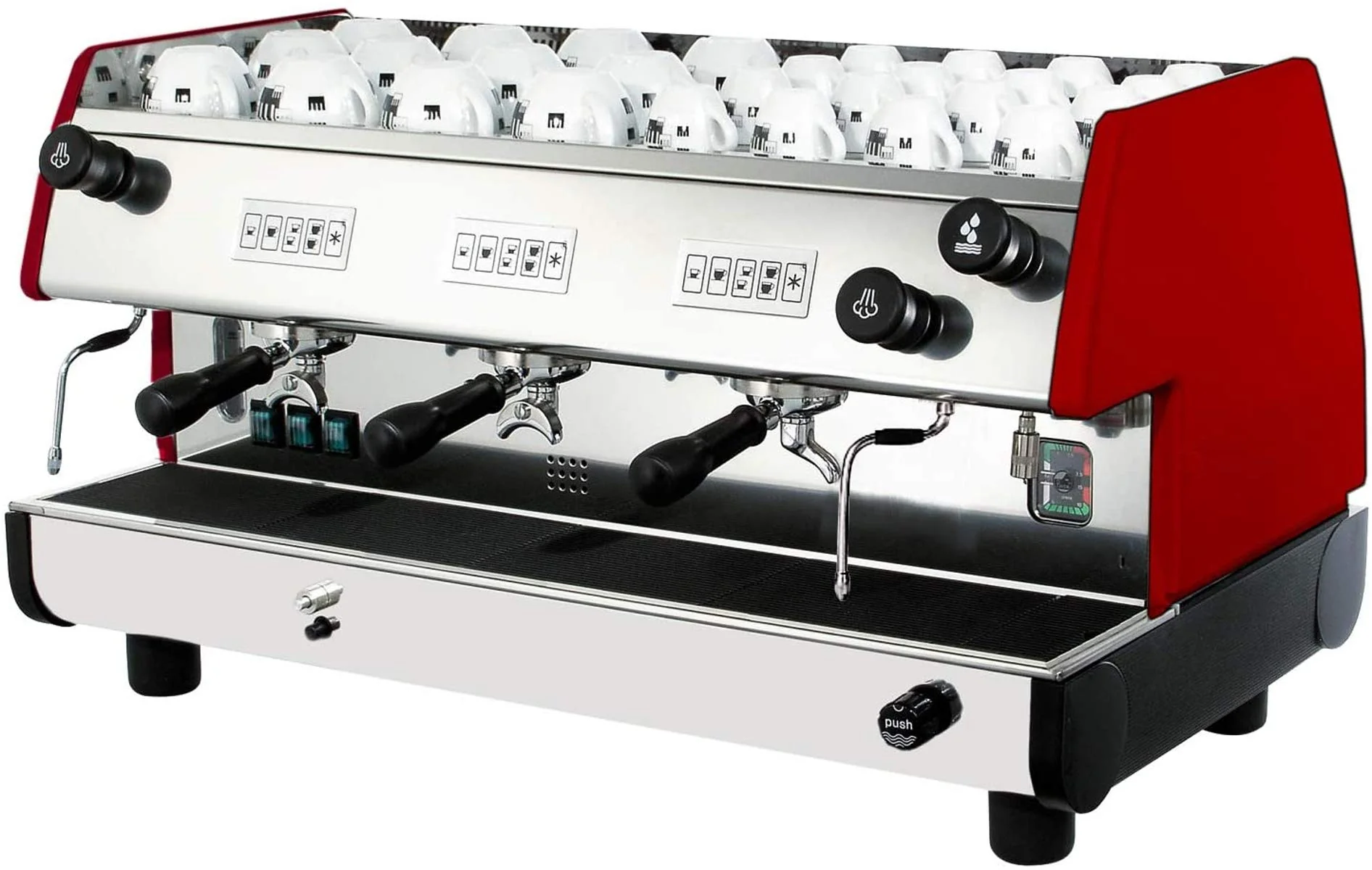 La Pavoni BAR-T 3V-R Commercial Volumetric Espresso Machine, Ruby Red; Press-forged Brass, Chrome Plated, Infusion Chamber, Pressurization System product image
