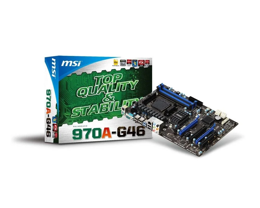 MSI Computer Corp. 7693-020R Motherboard North Bridge AMD 970 & South Bridge AMD SB950 Chipset ATX DDR3 800 AMD AM3+ Motherboards 970A-G46 product image