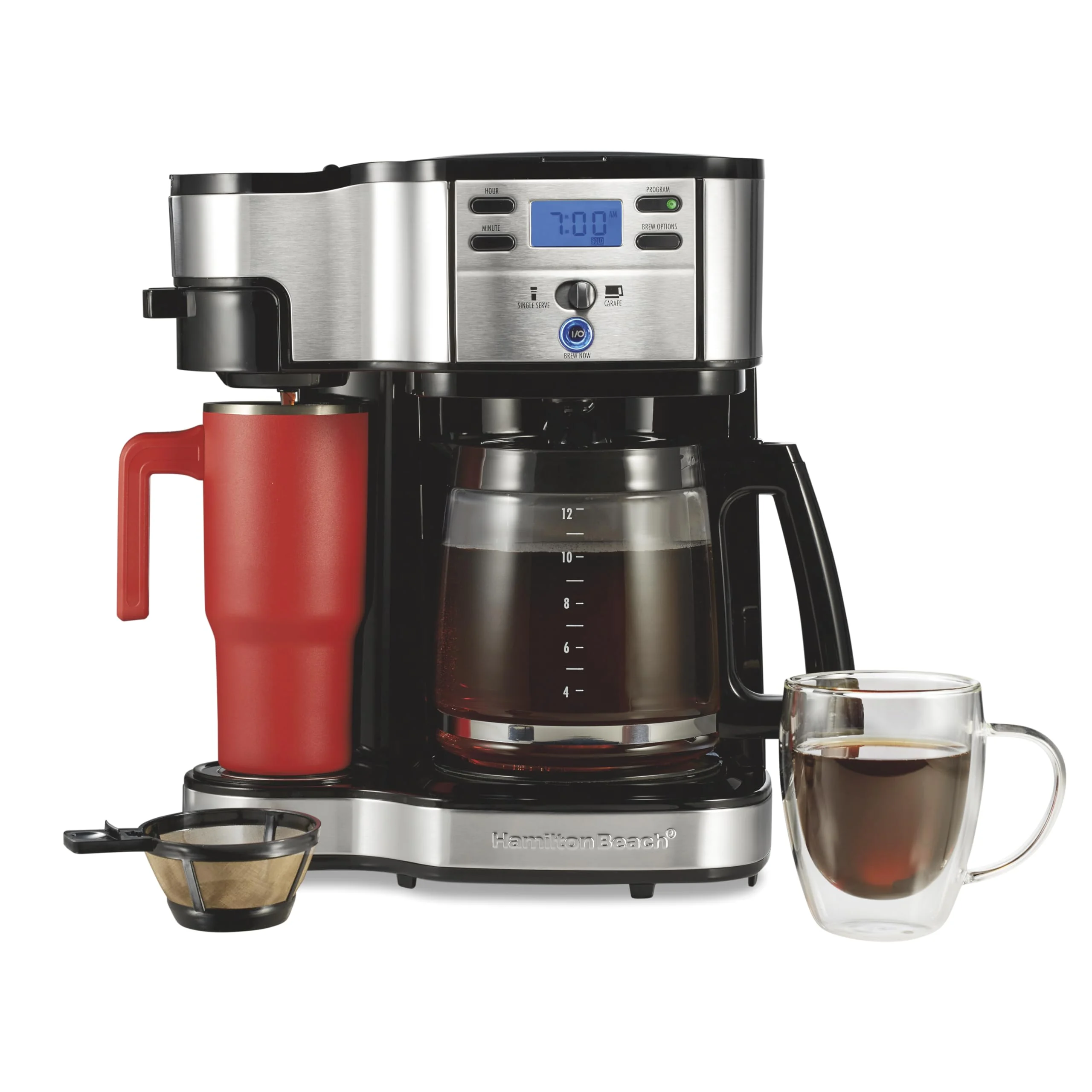 Hamilton Beach 2-Way Programmable Coffee Maker, 12 Cup Glass Carafe And Single Serve Coffee Maker, Black with Stainless Steel Accents, 49980RG product image