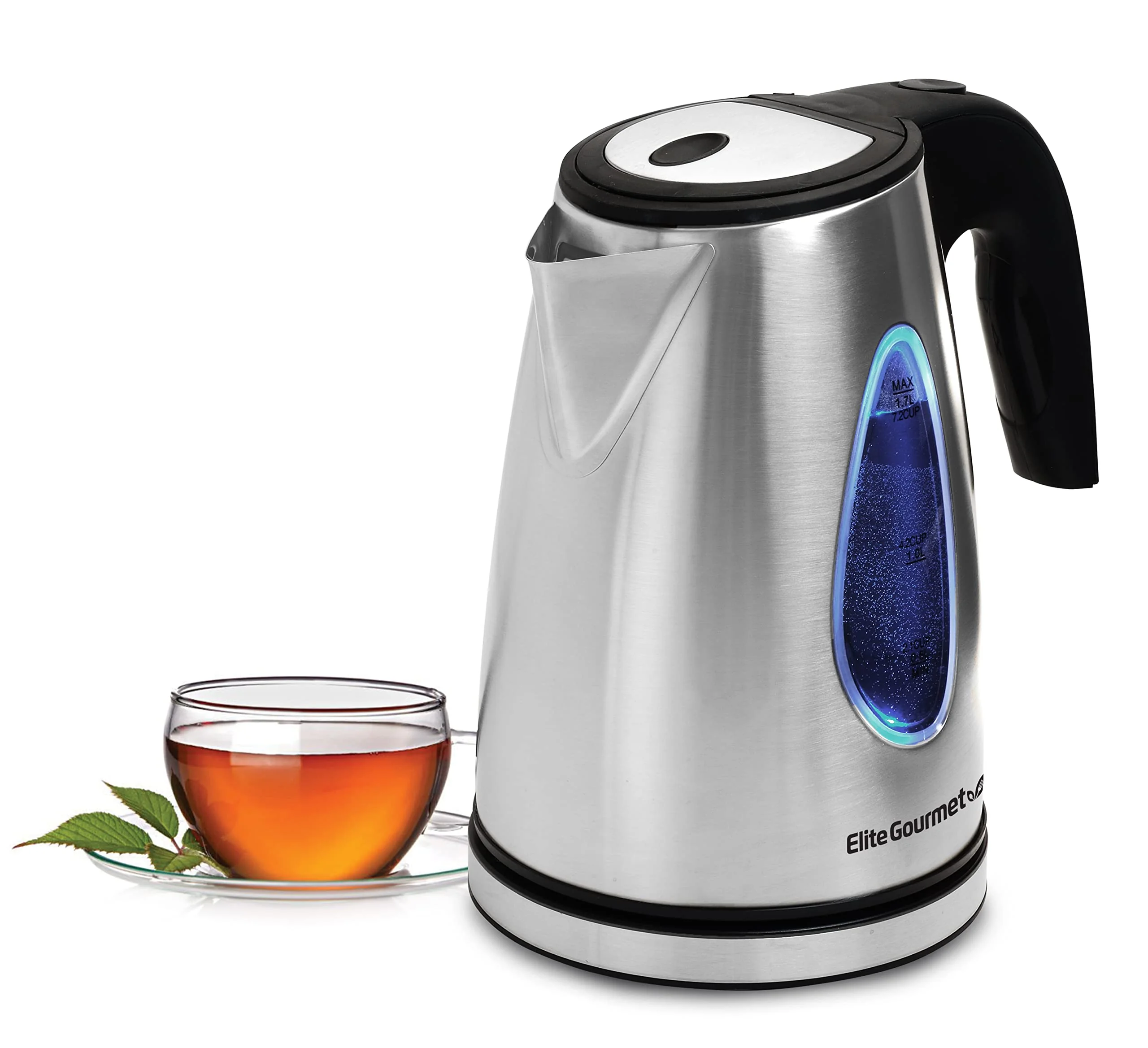 Elite Gourmet EKT-1271 Ultimate 1.7 Liter Electric Kettle – Stainless Steel Design & Cordless 360° Base, Stylish Blue LED Interior, Handy Auto Shut-Off Function – Quickly Boil Water For Tea & More product image