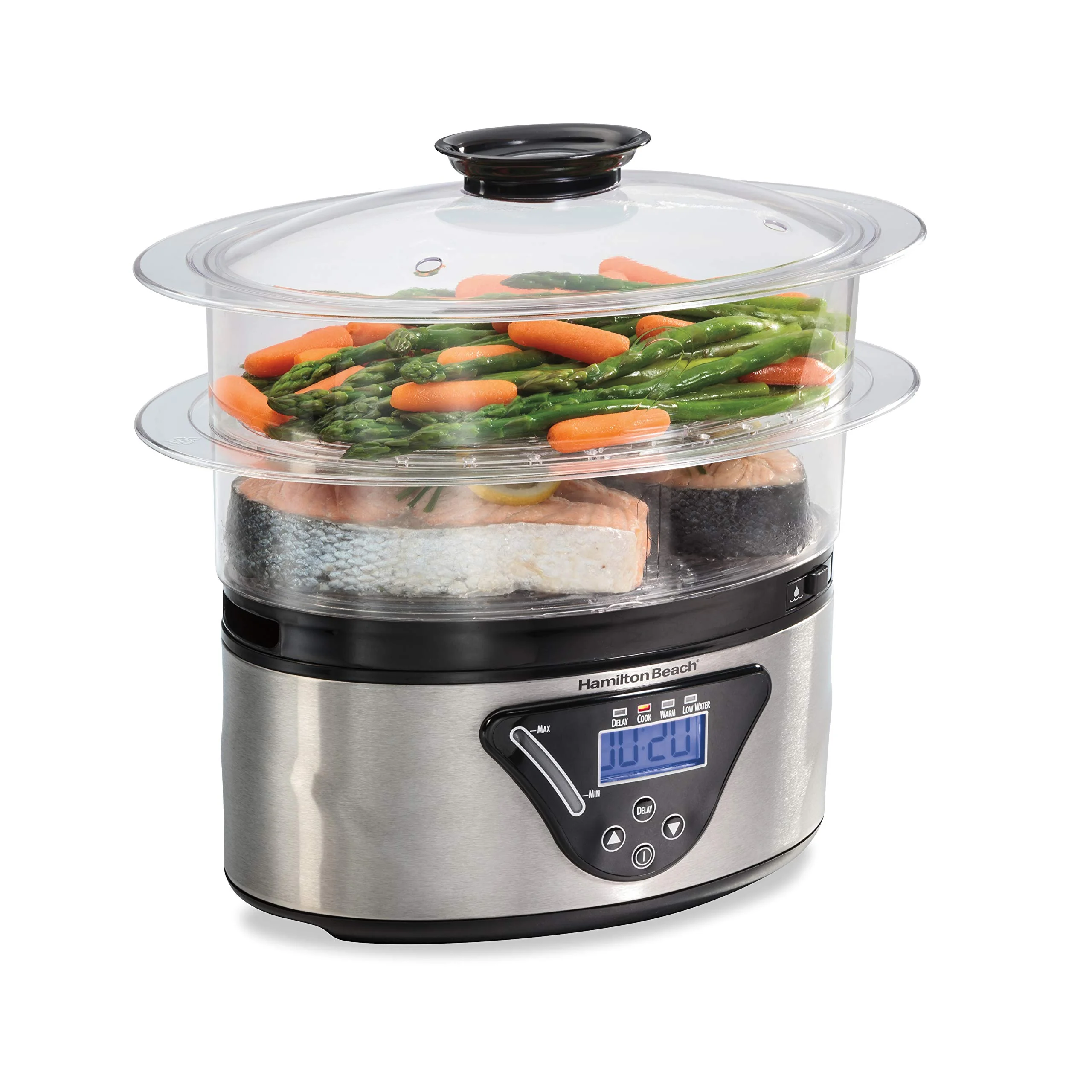 Hamilton Beach Digital Electric Food Steamer & Rice Cooker for Quick, Healthy Cooking for Vegetables and Seafood, Stackable Two-Tier Bowls, 5.5 Quart, Black & Stainless Steel product image