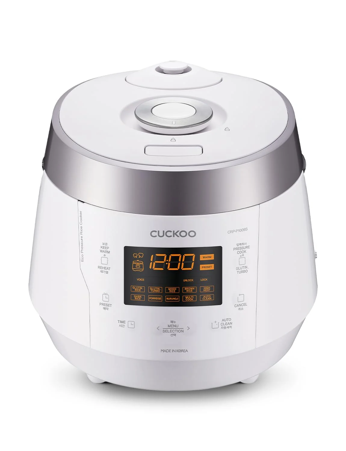 CUCKOO High Pressure Rice Cooker 10-Cup Uncooked / 20-Cup Cooked with Nonstick Inner Pot, Large Rice Maker with 13 Menu Options and Steam Plate, Fuzzy Logic Tech, Voice Guide, White CRP-P1009SW product image