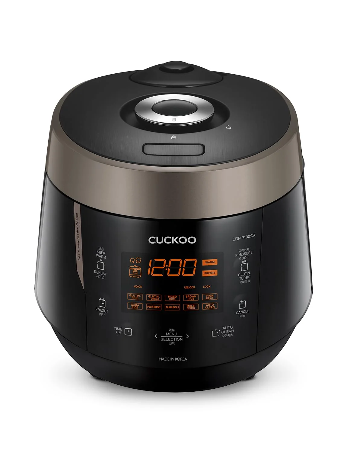 CUCKOO High Pressure Rice Cooker 10-Cup Uncooked / 20-Cup Cooked with Nonstick Inner Pot, Large Rice Maker with 13 Menu Options and Steam Plate, Fuzzy Logic Tech, Voice Guide, Black CRP-P1009SB product image