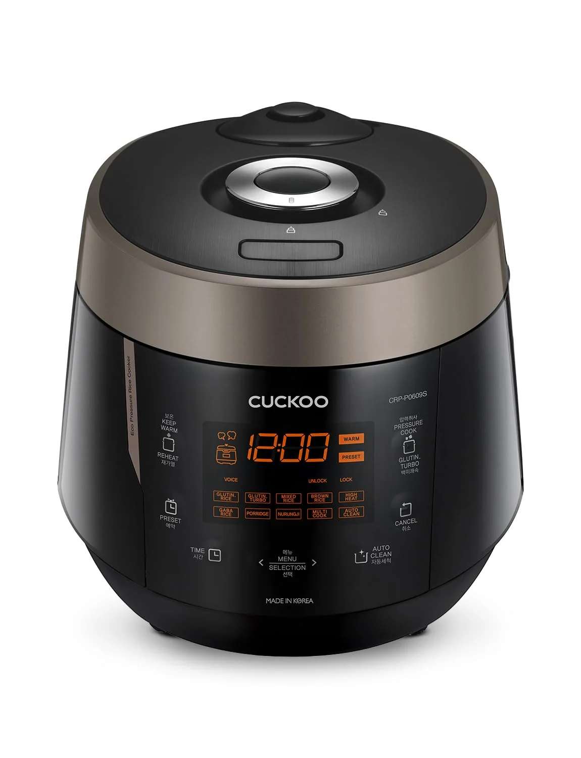 CUCKOO High Pressure Rice Cooker 6-Cup Uncooked / 12-Cup Cooked with Nonstick Inner Pot, Versatile Rice Maker with 12 Menu Options and Steam Plate, Fuzzy Logic Tech, Voice Guide, Black CRP-P0609S product image