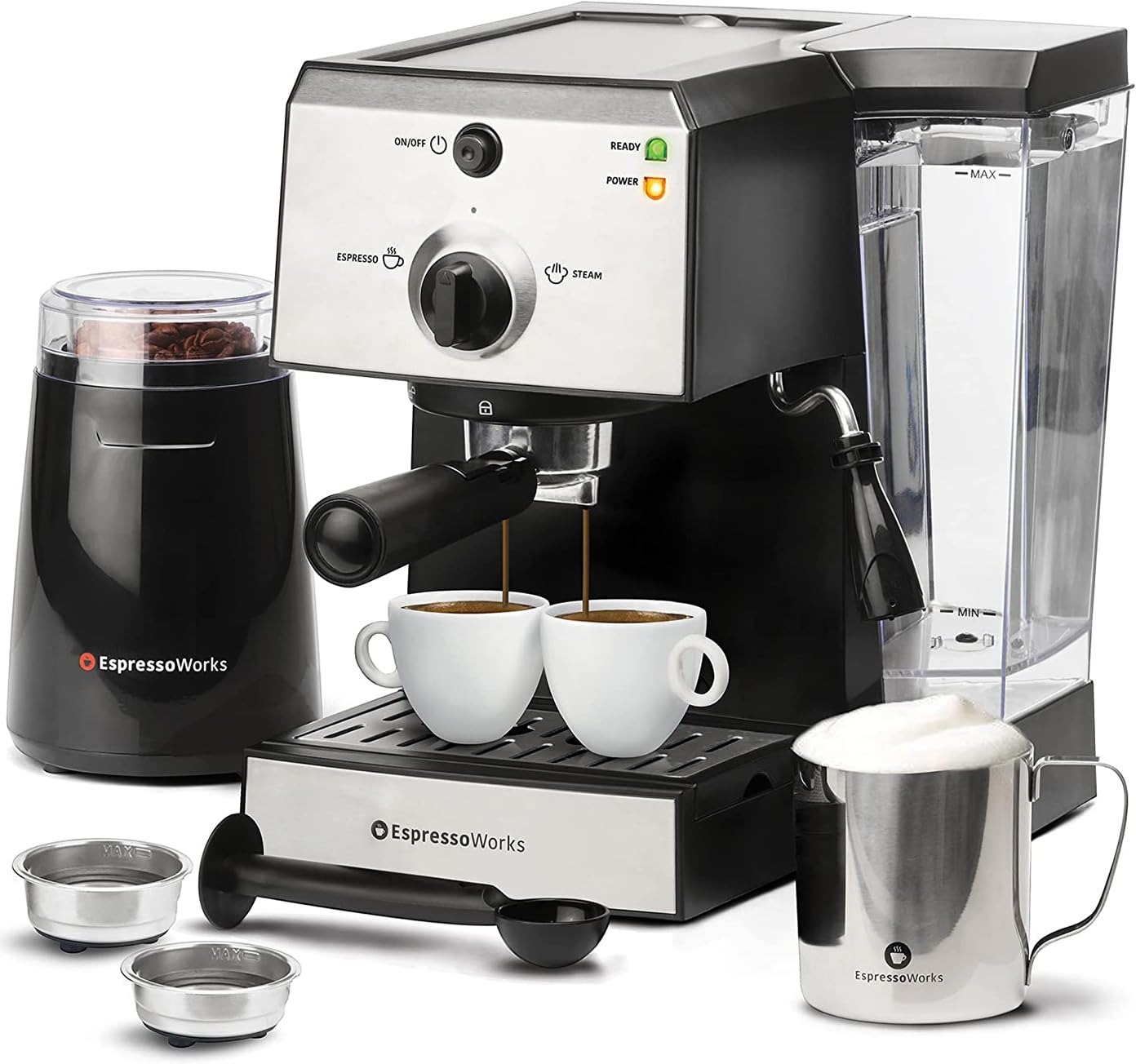 EspressoWorks All-In-One Espresso Machine with Milk Frother 7-Piece Set - Latte Maker Includes Grinder, Frothing Pitcher, Cups, Spoon and Tamper - Coffee Gifts Stainless Steel product image