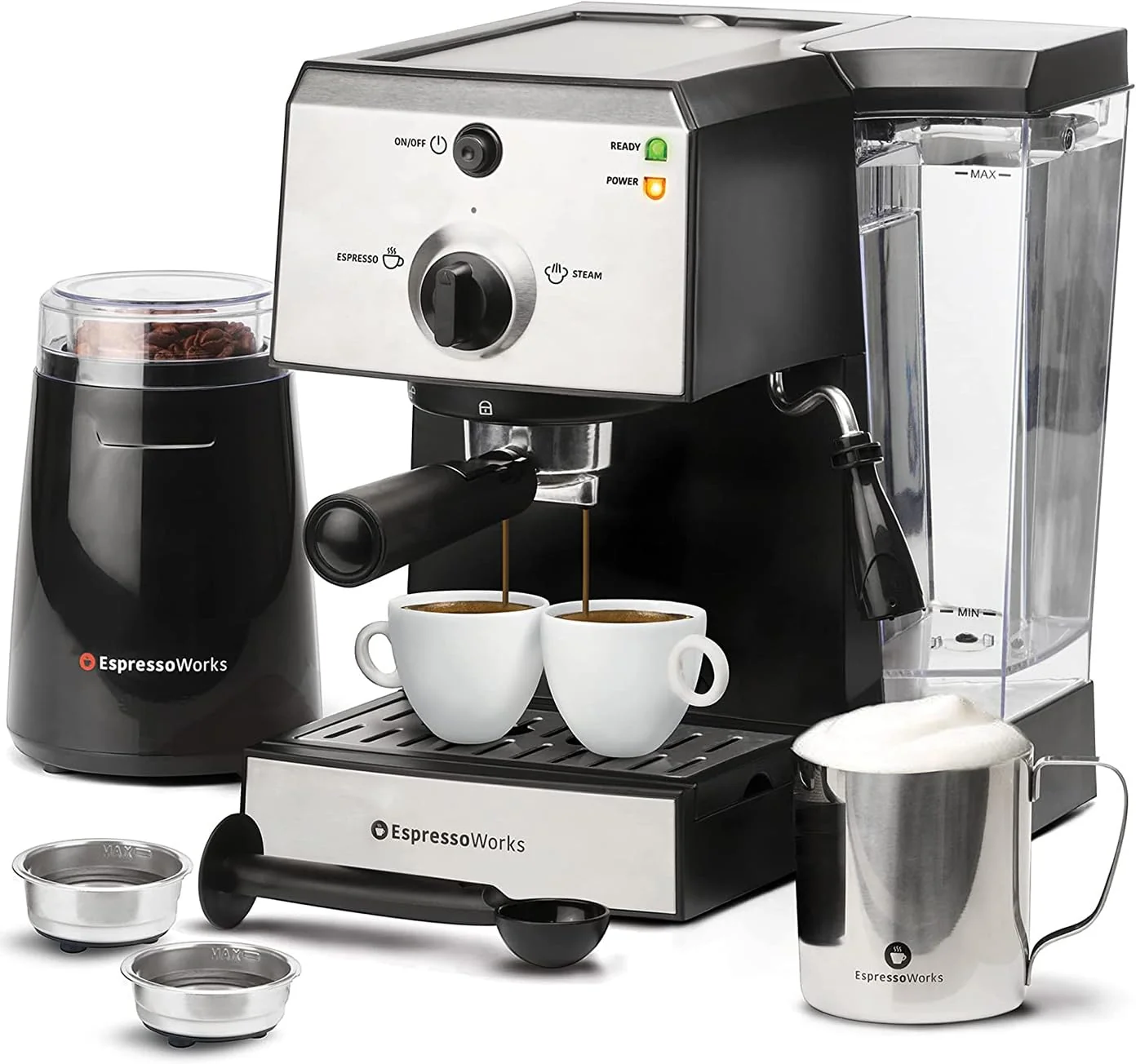EspressoWorks All-In-One Espresso Machine with Milk Frother 7-Piece Set - Latte Maker Includes Grinder, Frothing Pitcher, Cups, Spoon and Tamper - Coffee Gifts Stainless Steel product image