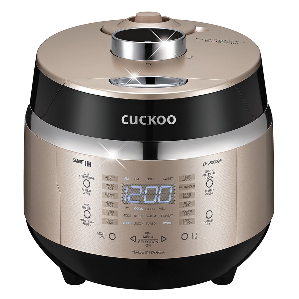 CUCKOO High Pressure Rice Cooker 3-Cup Uncooked / 6-Cup Cooked with Induction Heating Technology, Small Rice Maker with 16 Menu Options and Steam Plate, Voice Guide, Gold CRP-EHSS0309F product image