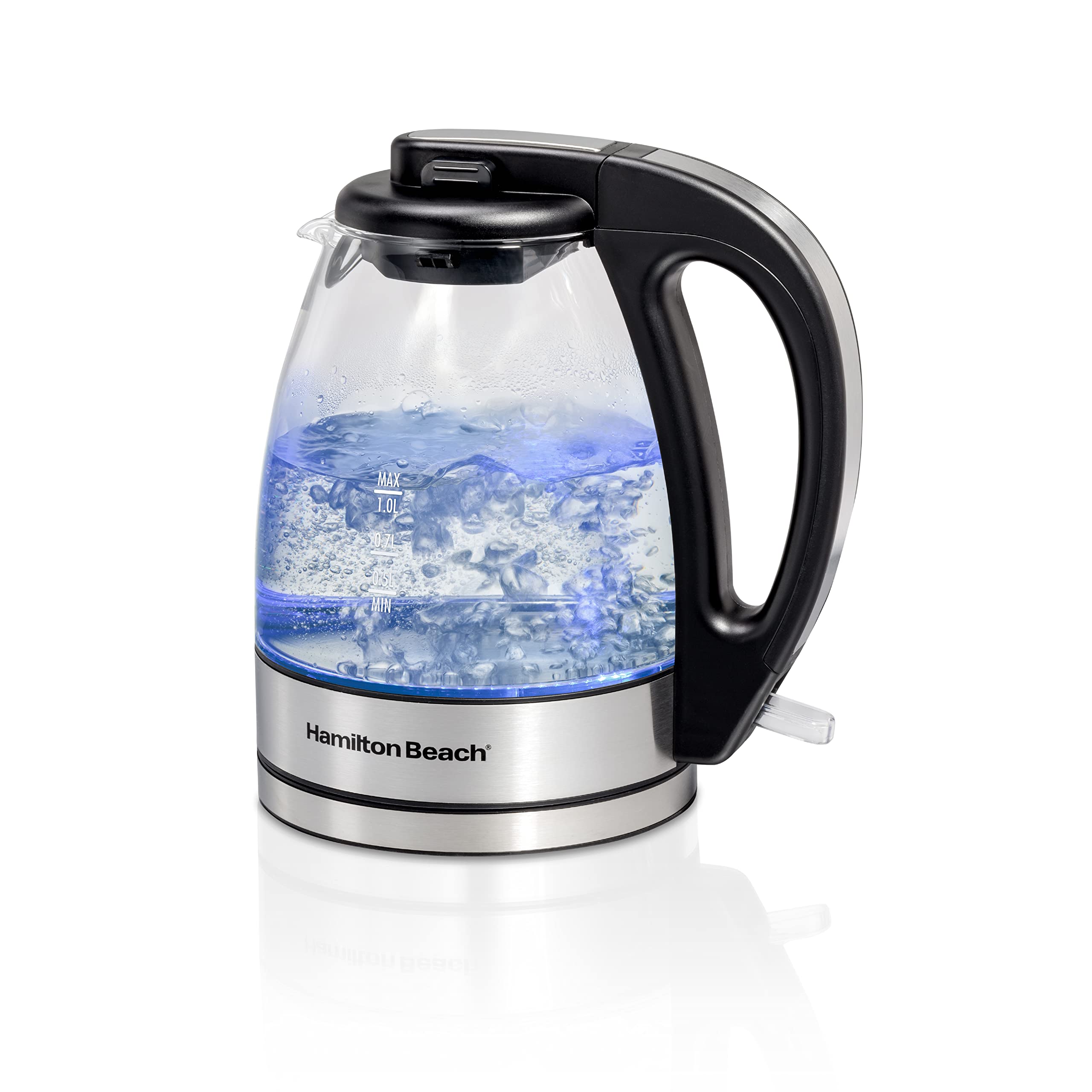 Hamilton Beach Glass Electric Tea Kettle, Water Boiler & Heater, 1 Liter, 1500 Watts for Fast Boiling, BPA Free, Cordless Serving, Auto-Shutoff & Boil-Dry Protection, Soft Blue LED 40930 product image