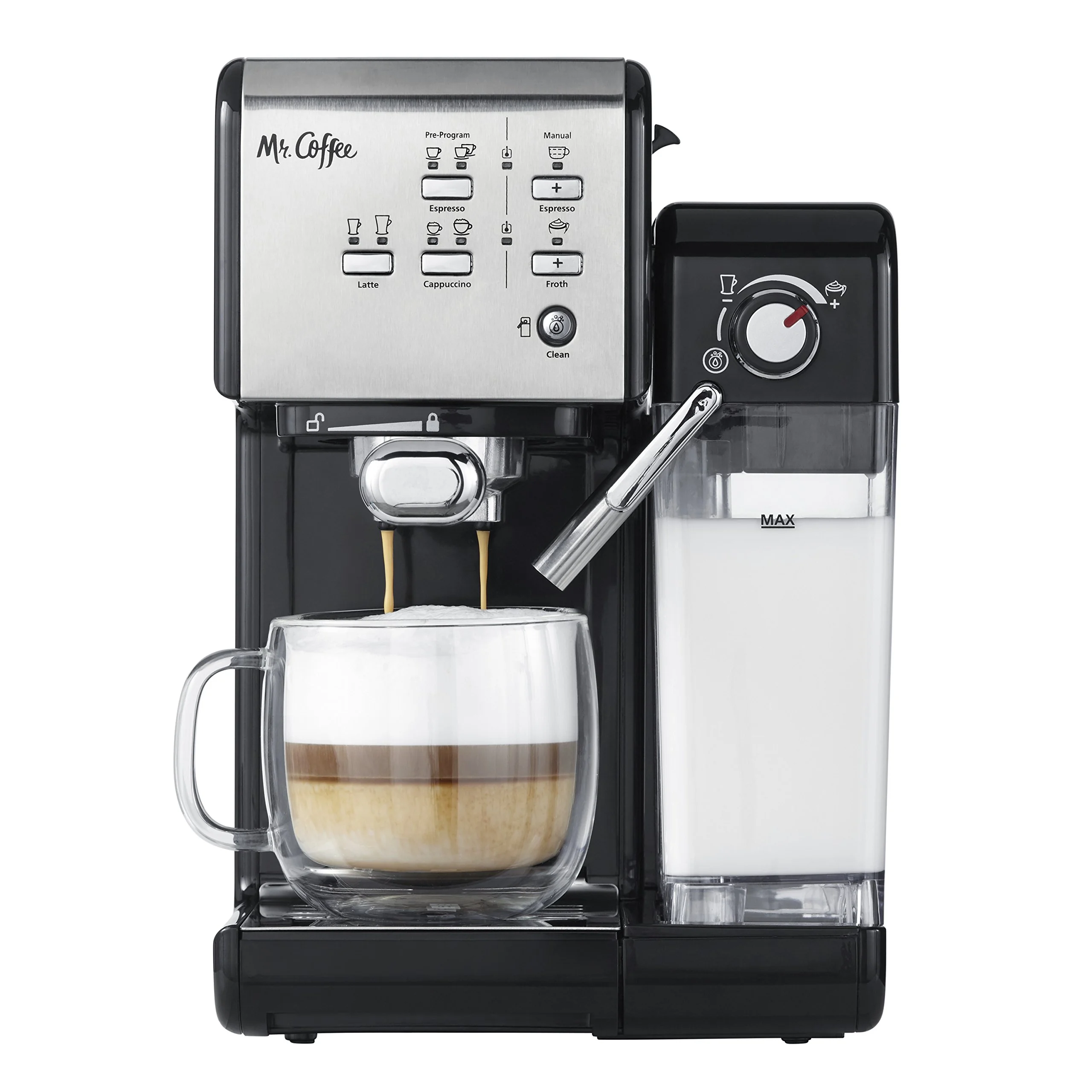 Mr. Coffee Programmable Espresso & Cappuccino Machine with Automatic Milk Frother & 19-Bar Pump, Stainless Steel product image