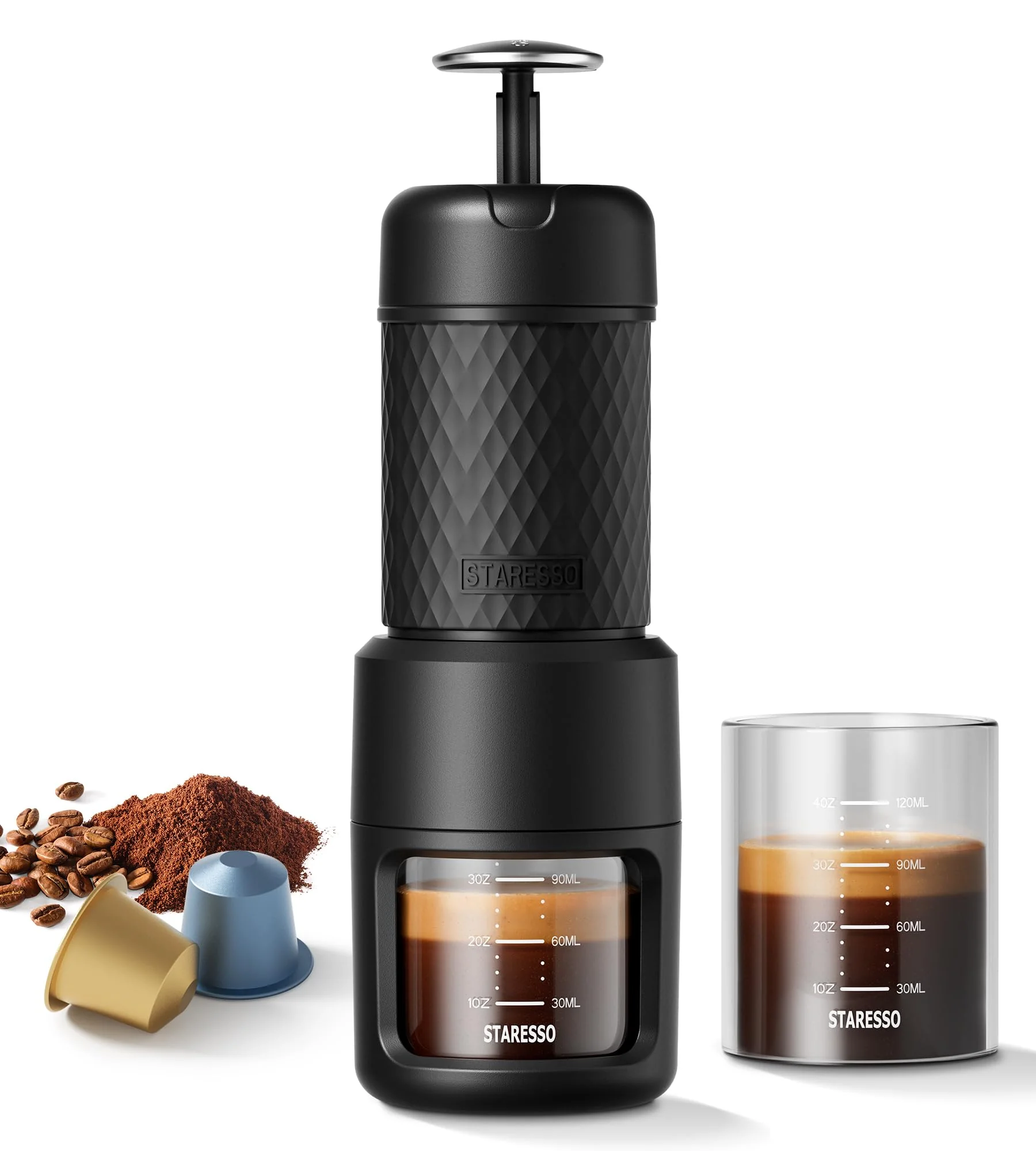 STARESSO Classic Portable Espresso Maker, 2 IN 1 Travel Coffee Maker Compatible Ground Coffee & NS Original Pods, Espresso Machine with Stainless Steel Chamber for Travel Camping, Manually Operated product image