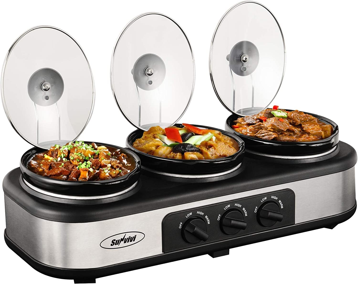 Sunvivi Slow Cooker, Triple Slow Cooker Buffet Server and Food Warmer, 3-Section 1.5-Quart Upgraded Oval Ceramic Pot with Stainless Steel Lid Rests, 3 Spoons, Total 4.5 QT product image