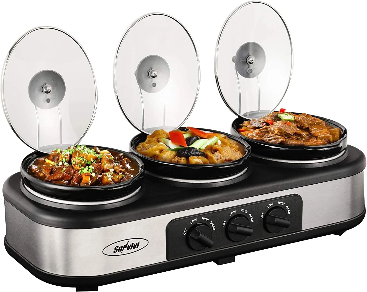 Sunvivi Slow Cooker, Triple Slow Cooker Buffet Server and Food Warmer, 3-Section 1.5-Quart Upgraded Oval Ceramic Pot with Stainless Steel Lid Rests, 3 Spoons, Total 4.5 QT product image