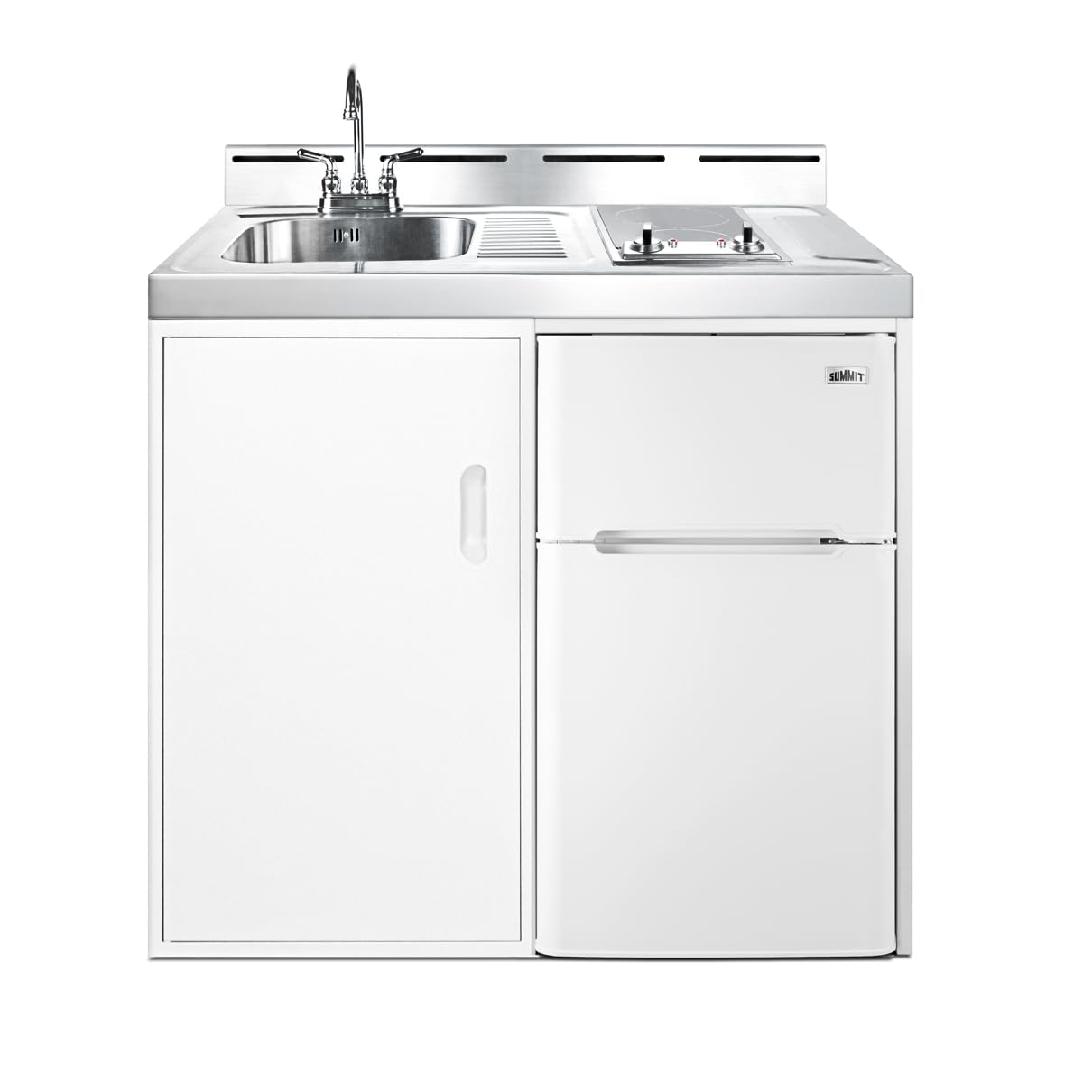 Summit 39" Wide All-In-One Kitchenette, 2-Door Refrigerator-Freezer, 2-Burner Smoothtop Cooktop, Sink, Storage, White- C39ELGLASS product image