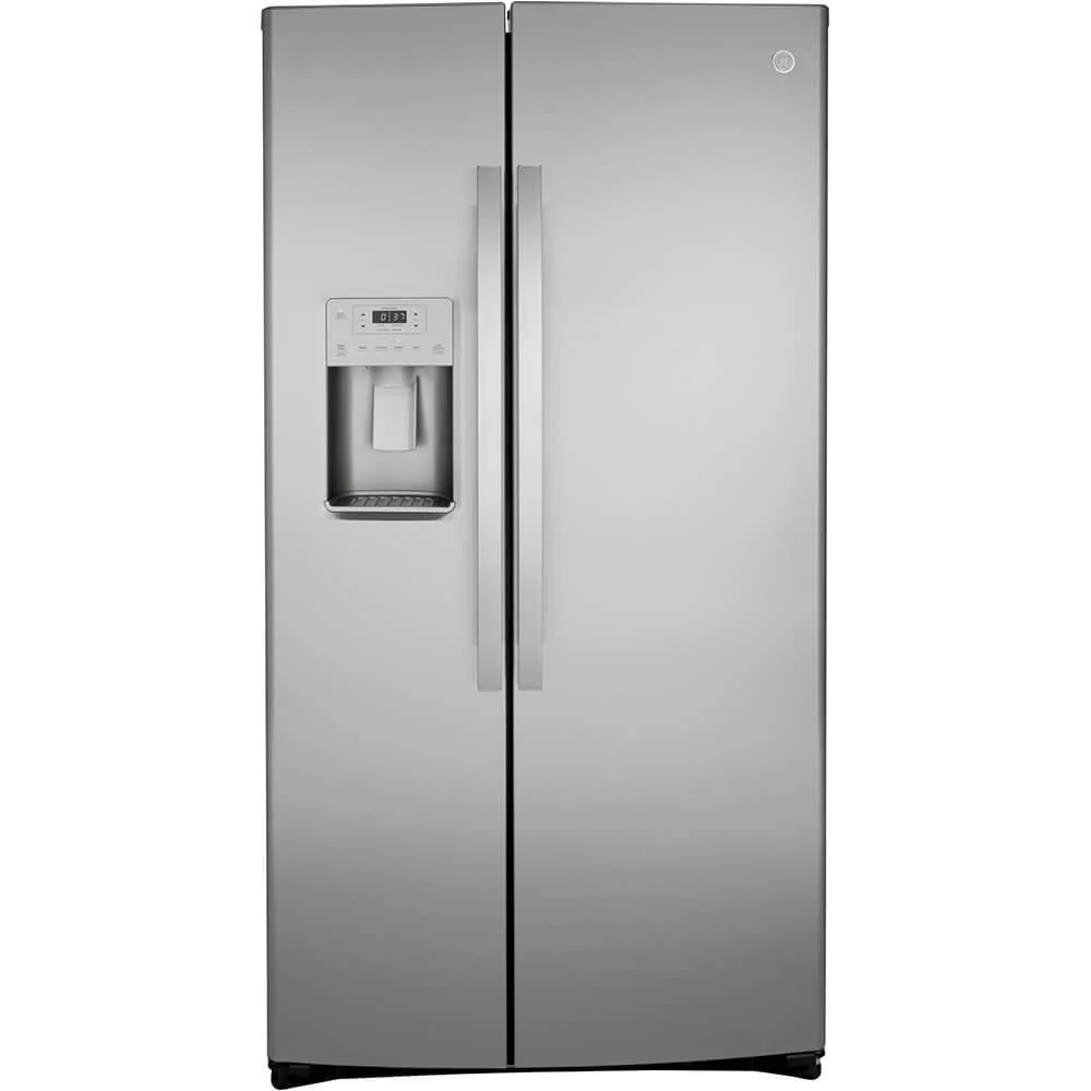GE GSS25IYNFS 36" Side by Side Refrigerator with 25.14 cu. ft. Total Capacity Showcase LED Lighting and Hidden Hinge in Stainless Steel product image