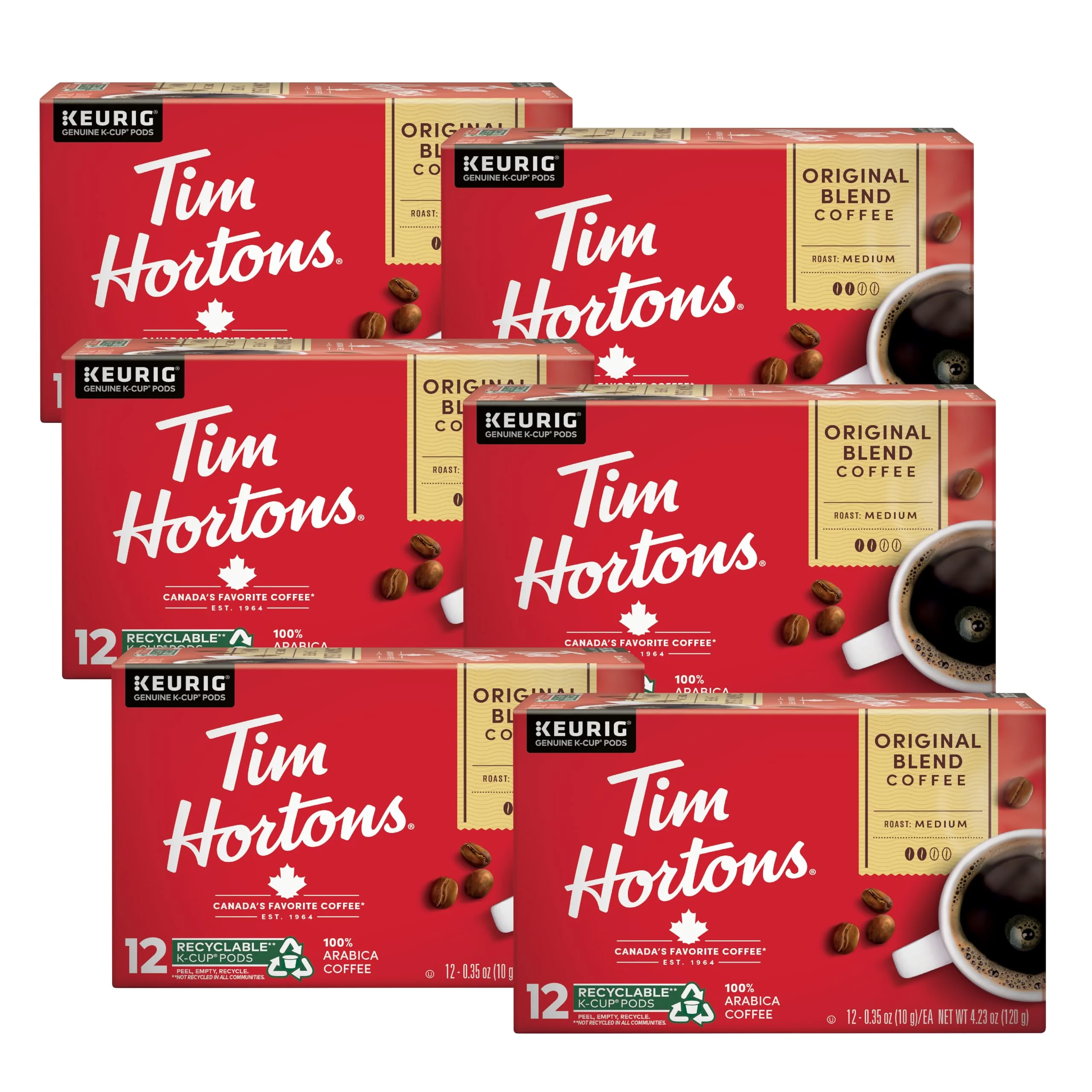 Tim Hortons Original Blend, Medium Roast Coffee, Single-Serve K-Cup Pods Compatible with Keurig Brewers, 72ct K-Cups, 12 Count Pack of 6 product image