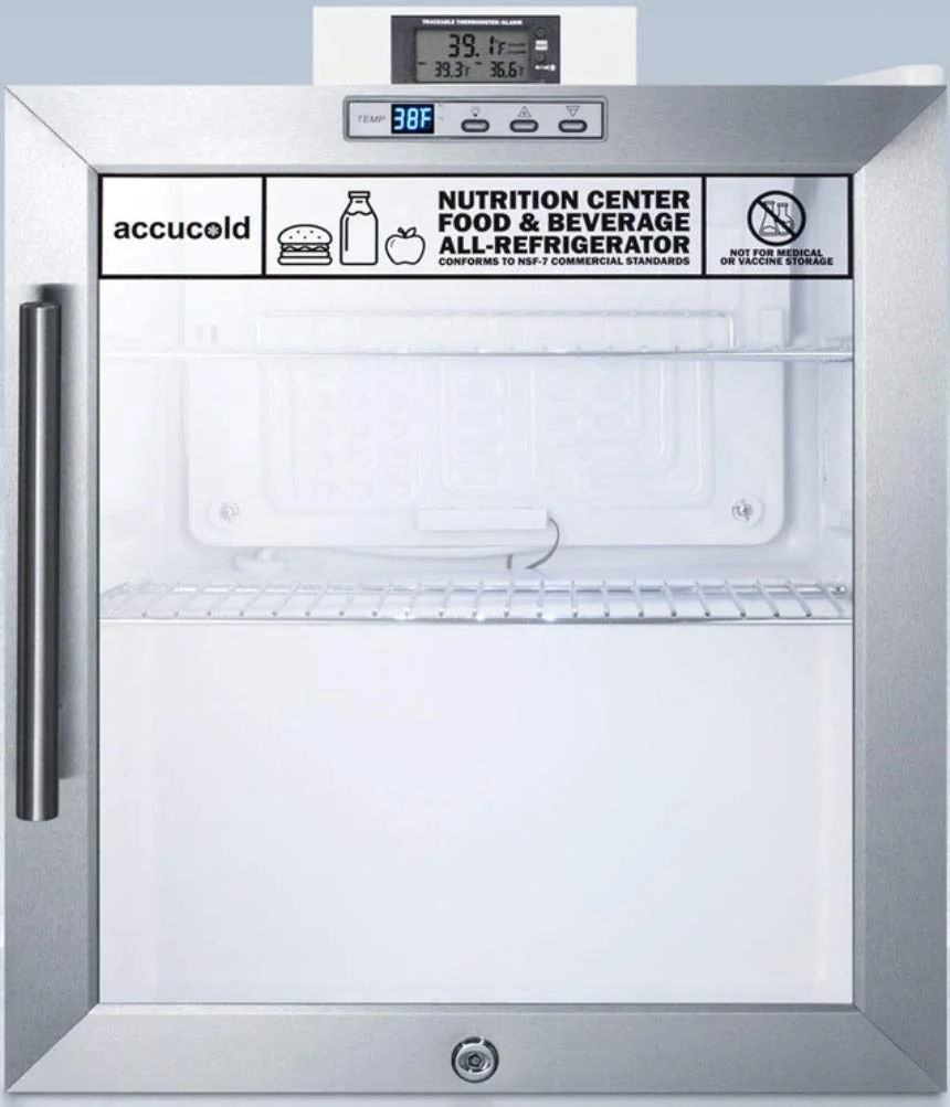 Summit Appliance SCR215LNZ Commercially Approved Compact Nutrition Center Series Glass Door All-Refrigerator with Front Lock, Digital Temperature Display, Auto Defrost and White Cabinet product image