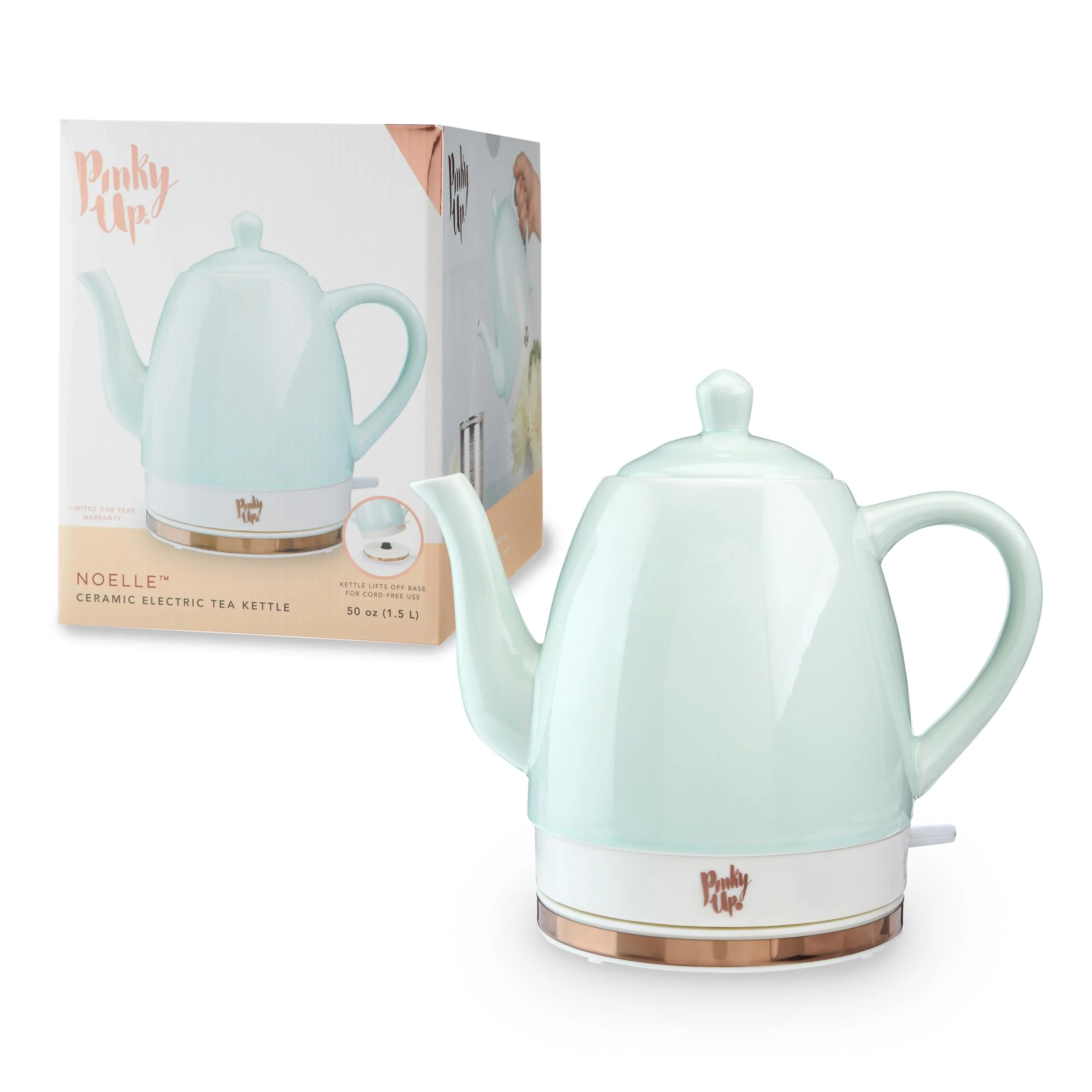 Pinky Up Noelle 1.5 L Ceramic Gooseneck Spout Electric Tea Kettle with Temperature Control - Cordless Design for Boiling Water Pot, Mint, Rose Gold product image