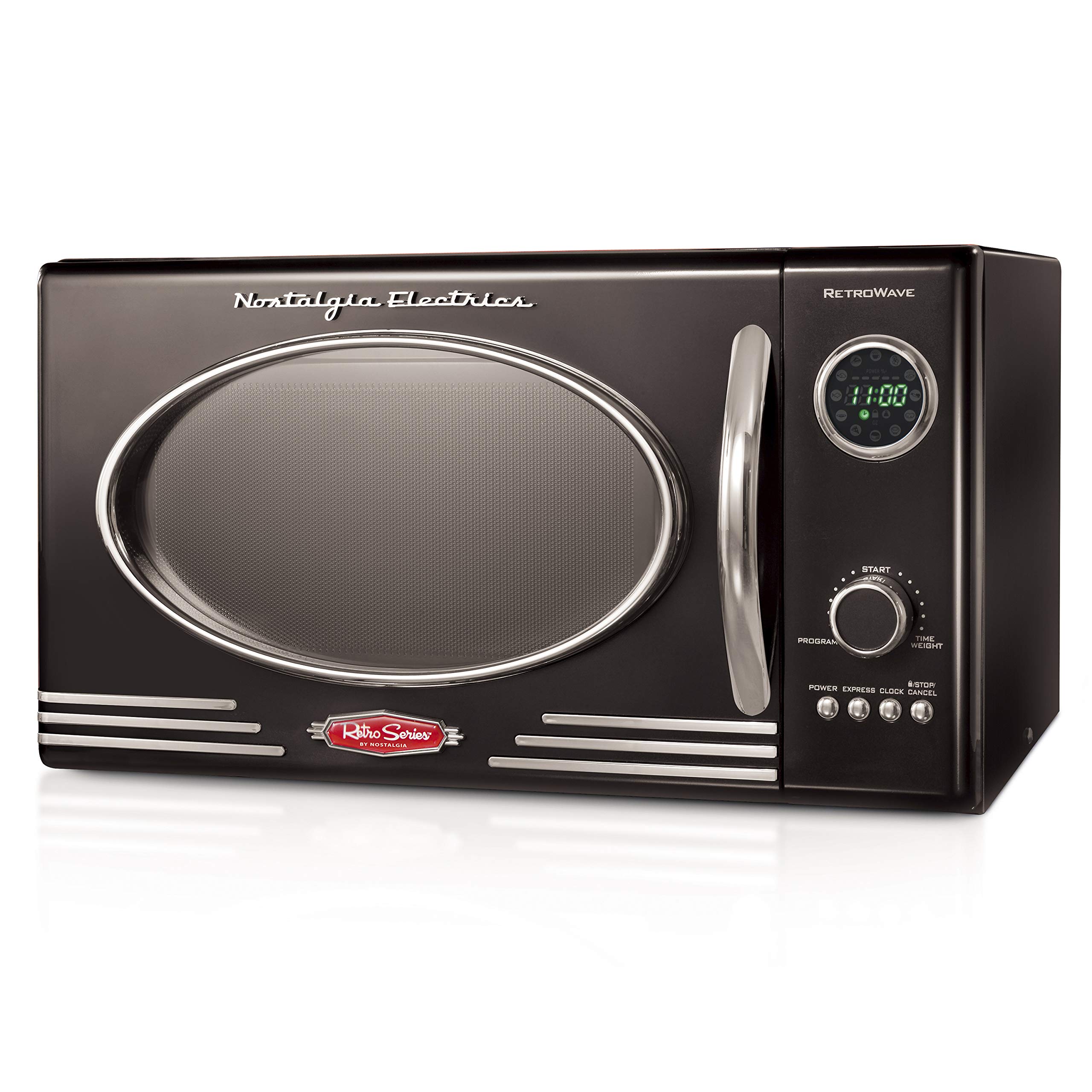 Nostalgia RMO4BK Retro 0.9 Cubic Foot 800-Watt Countertop Microwave Oven, 5 Power Levels and 12 Cook Settings, LED Display, Jet Black product image