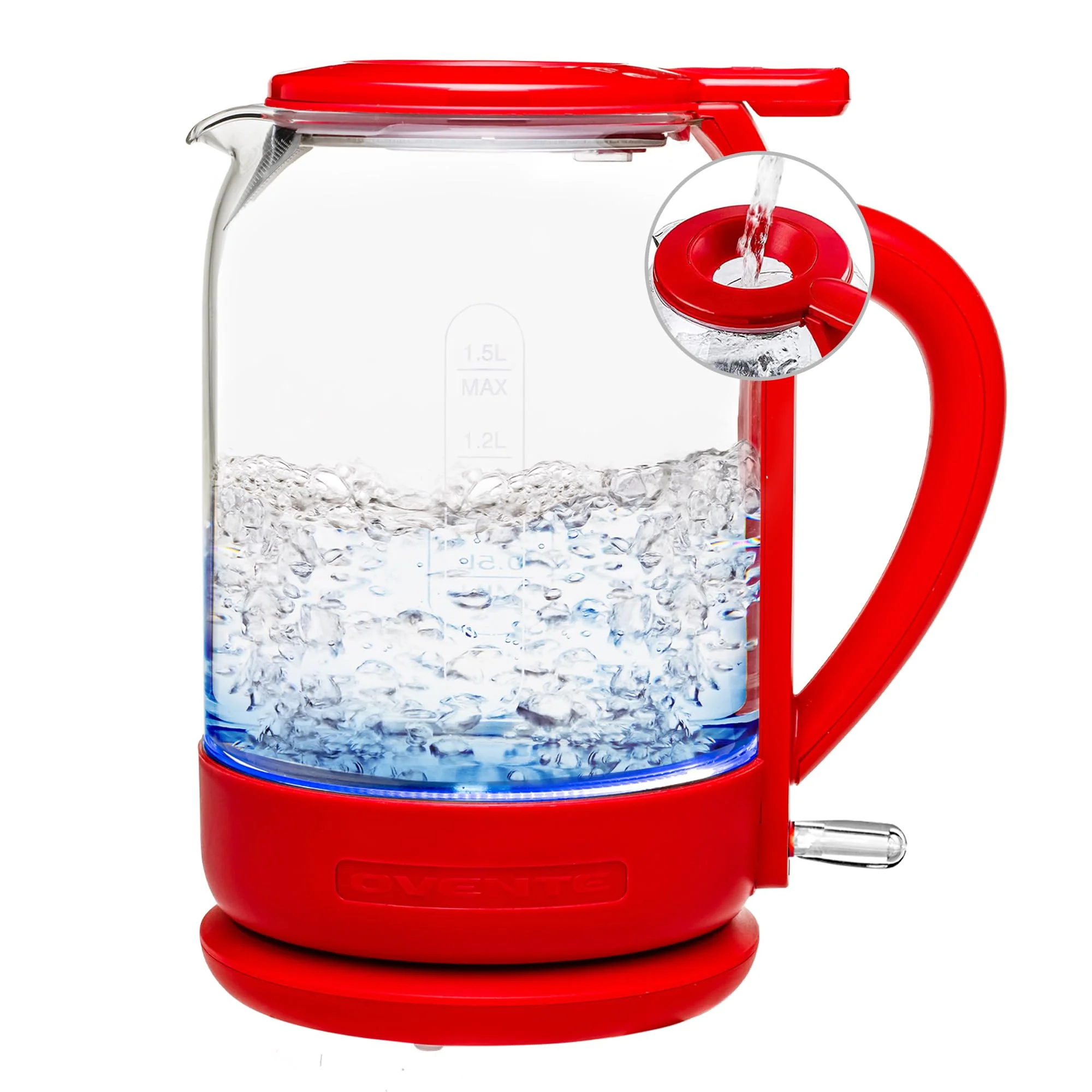 OVENTE Electric Kettle with 1.5L Borosilicate Glass, 1500W Fast Boiling Water Heater for Coffee or Tea, Easy to Fill Lid, Auto Shut-Off, Boil-Dry Protection & Stainless Steel Filter, Red KG516R product image