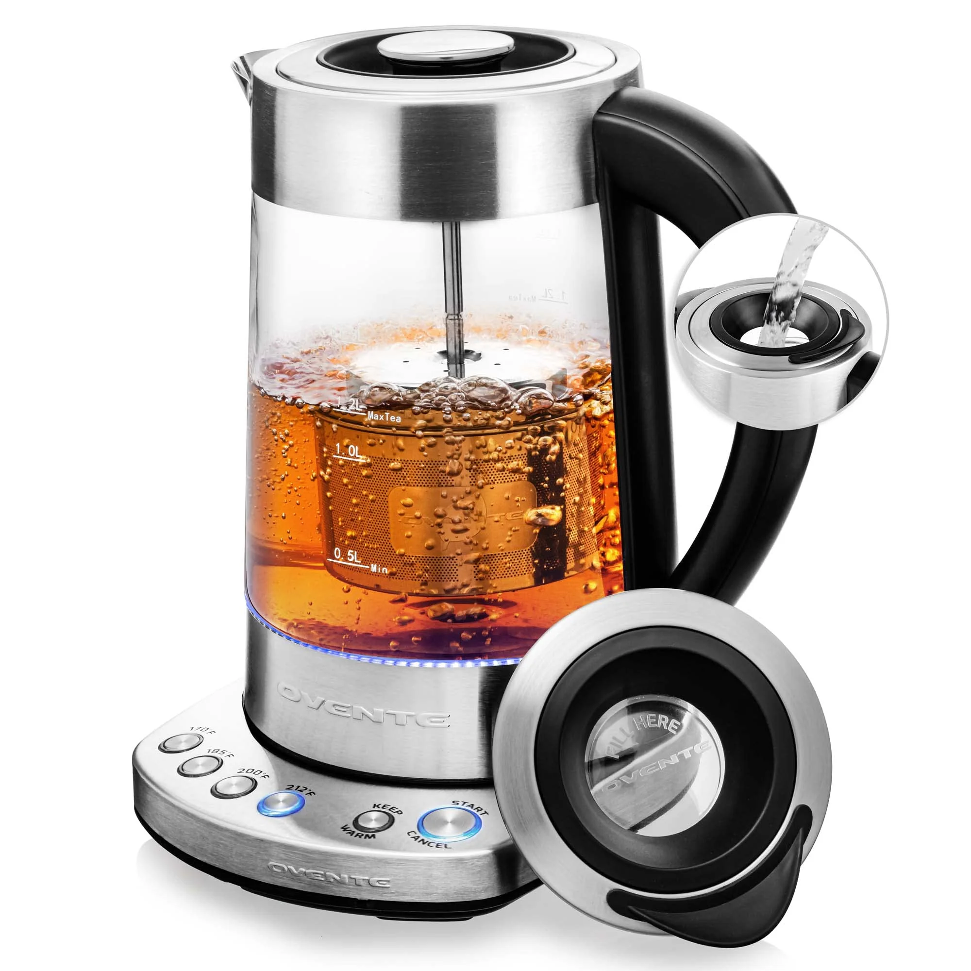 OVENTE 1.7L Electric Tea Kettle with Removable Infuser, Variable Temperature Control, Keep Warm Function, 1500W Fast Heating Water Boiler, BPA Free Borosilicate Glass & Easy to Fill Lid, Silver KG733S product image