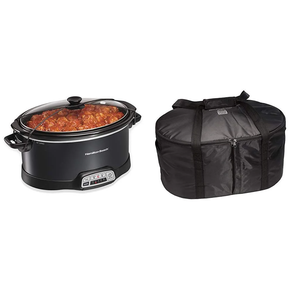 Hamilton Beach Portable 7-Quart Programmable Slow Cooker With Lid Latch Strap, Black 33474 & Hamilton Beach Travel Case & Carrier Insulated Bag for 4, 5, 6, 7 & 8 Quart Slow Cookers 33002,Black product image
