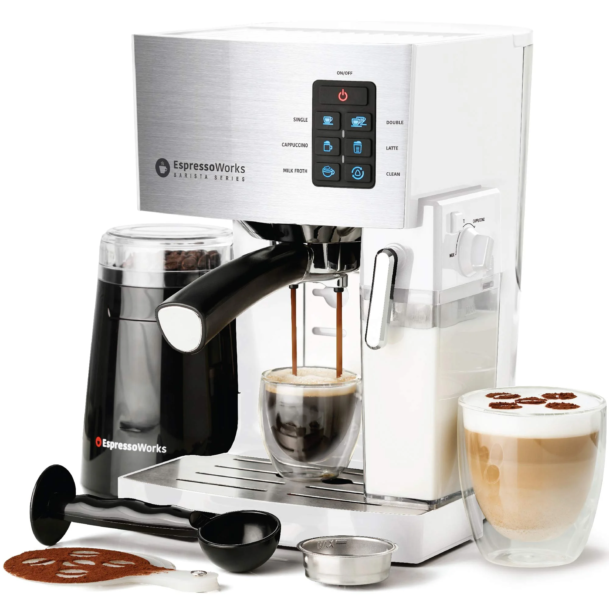EspressoWorks 19-Bar Espresso, Latte and Cappuccino Maker 10-Piece Set - Brew Cappuccino and Latte with One Button - Espresso Machine with Milk Steamer 1250W - Coffee Gifts White product image