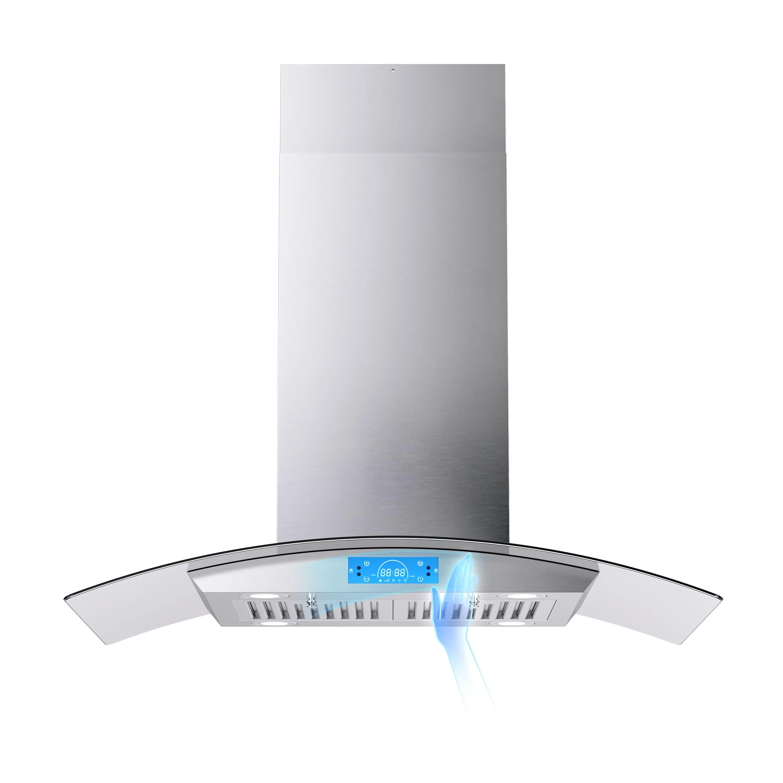 Island-Mounted Firegas Vent Hood with Tempered Glass and LED.