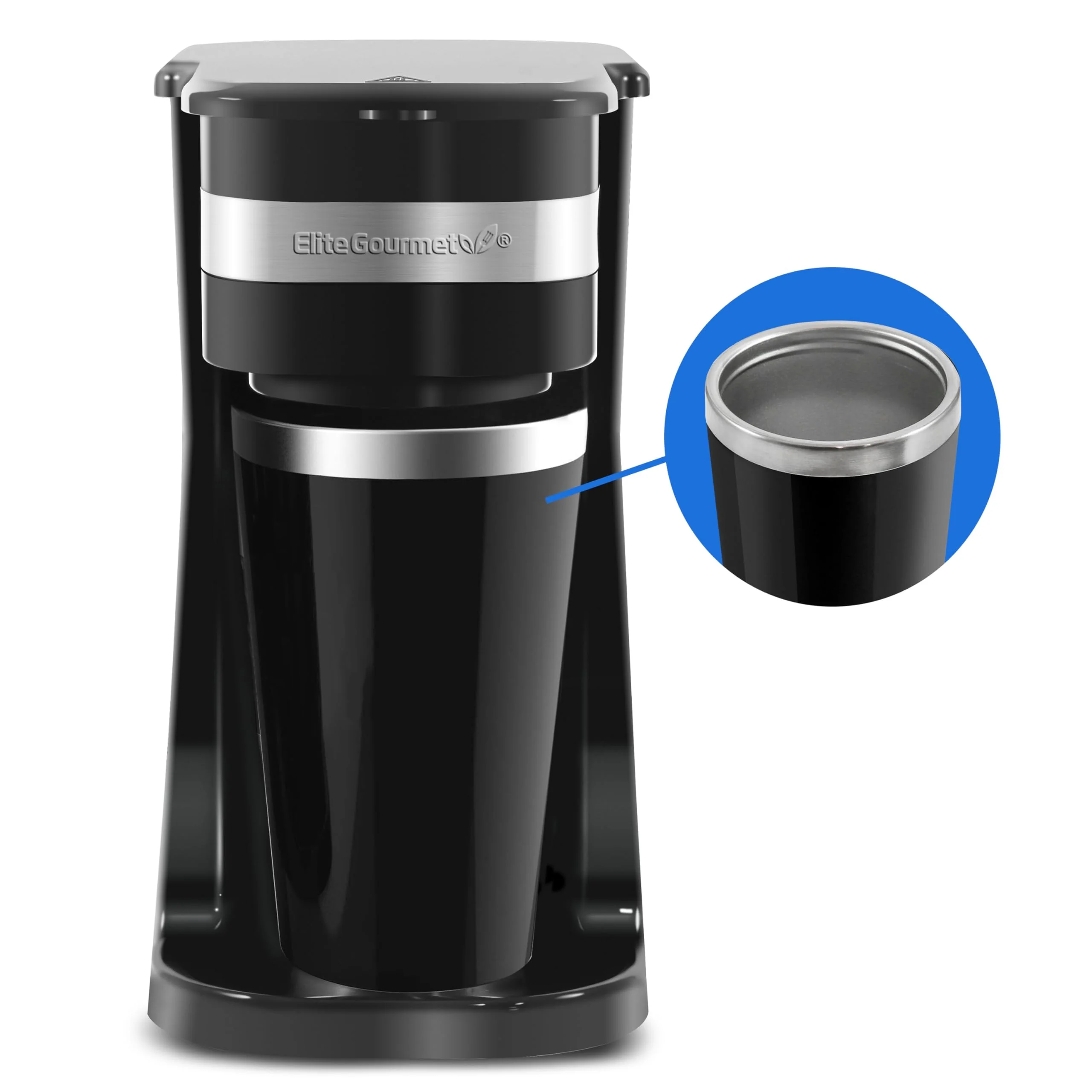 Elite Gourmet EHC111A Personal Single-Serve Compact Coffee Maker Brewer Includes 14Oz. Stainless Steel Interior Thermal Travel Mug, Compatible with Coffee Grounds, Reusable Filter, Black product image