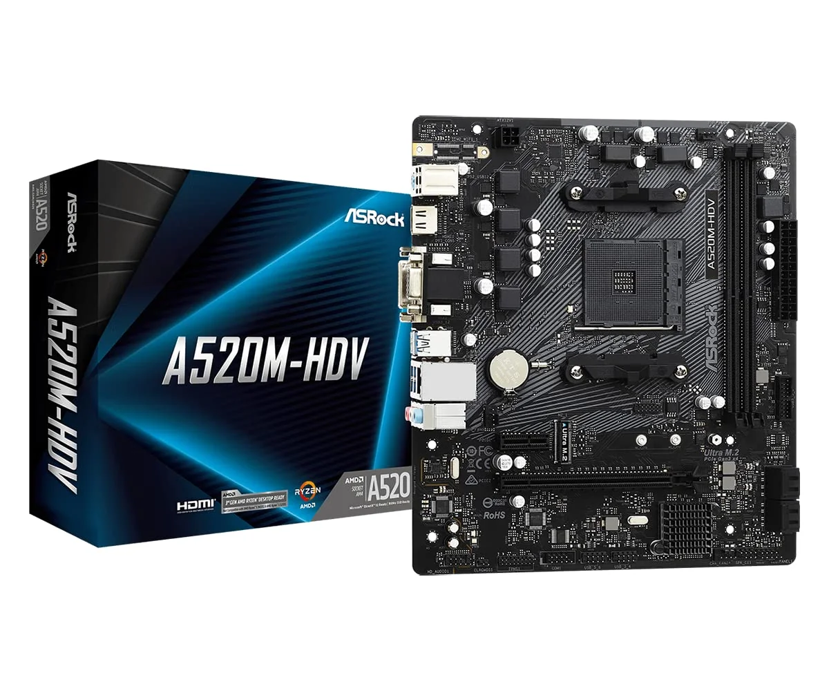 ASRock A520M-HDV Supports AMD AM4 Socket Ryzen™ 3000, 4000 G-Series and 5000 and 5000 G-Series Desktop Processors Motherboard, 32 GB memory storage product image