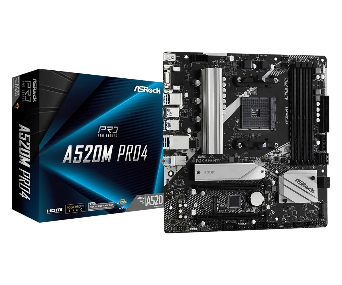ASRock A520M Pro4 AMD Ryzen 3000/4000 Series Soket AM4 Compatible with A520 Chipset, Micro ATX Motherboard Domestic Authorized Dealer Product product image
