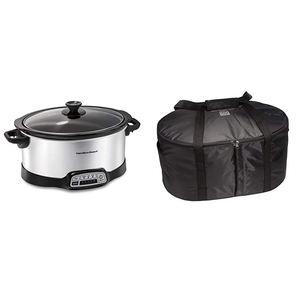 Hamilton Beach 7-Quart Programmable Slow Cooker With Flexible Easy Programming, Dishwasher-Safe Crock & Lid, Silver 33473 & Travel Case & Carrier Insulated Bag 33002,Black product image