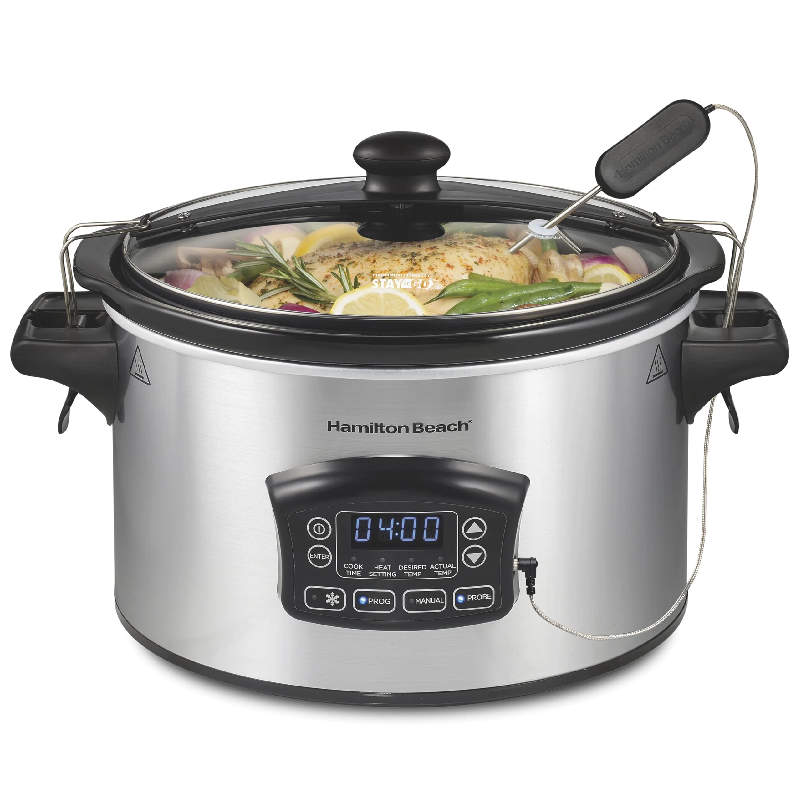 Hamilton Beach Portable 6 Quart Set & Forget Digital Programmable Slow Cooker with Lid Lock, Temperature Probe & Defrost Setting, Dishwasher Safe Crock & Lid, Silver 33869 product image