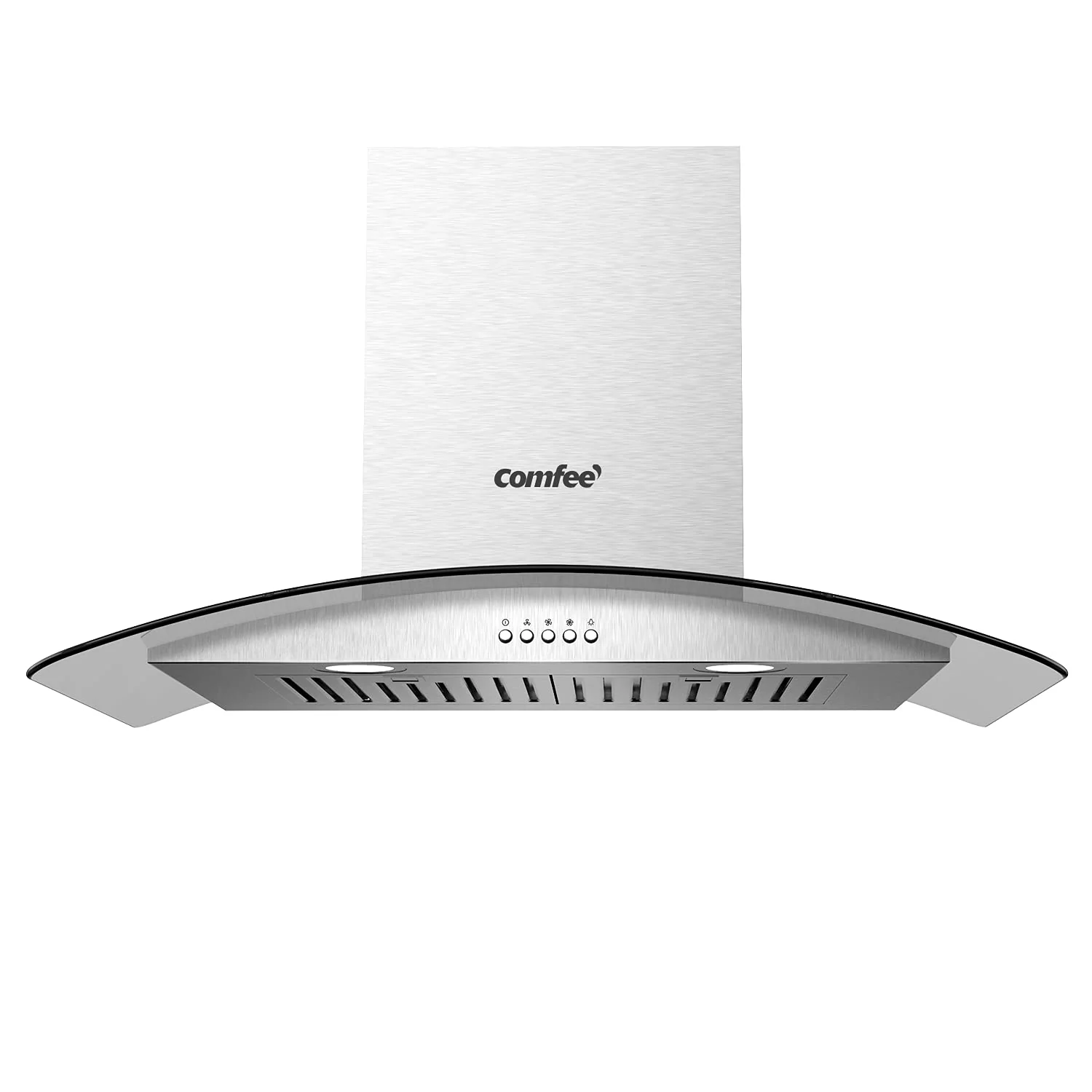 COMFEE’ CVG30W8AST 30 Inches Ducted Wall Mount Vent Range Hood with 450 CFM 3 Speed Exhaust Fan, Baffle Filters, Curved Glass, 2 LED Lights, Convertible to Ductless, Stainless Steel product image
