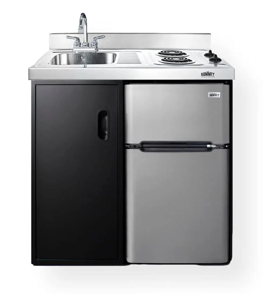 Summit Appliance CK36EL Wide All-in-One Kitchenette; 3.2 cu.ft; Cycle Defrost; Includes a 2-Door Refrigerator-Freezer; 2-Burner Coil Cooktop; Sink and Large Storage Cabinet product image