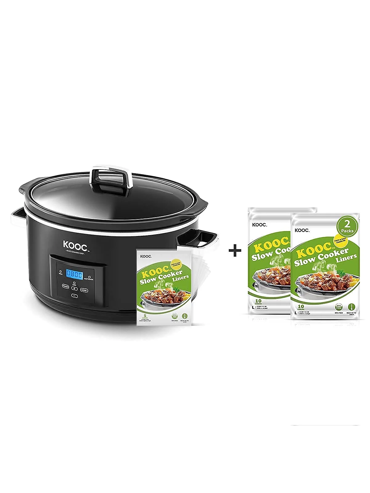 Bundle Group KOOC Programmable Slow Cooker 8.5-Quart with 5 Bonus Free Liners + Additional 2 Pack of 20 Liners for Easy Clean-up, Upgraded Pot, Adjustable Temp, Nutrient Loss Reduction product image
