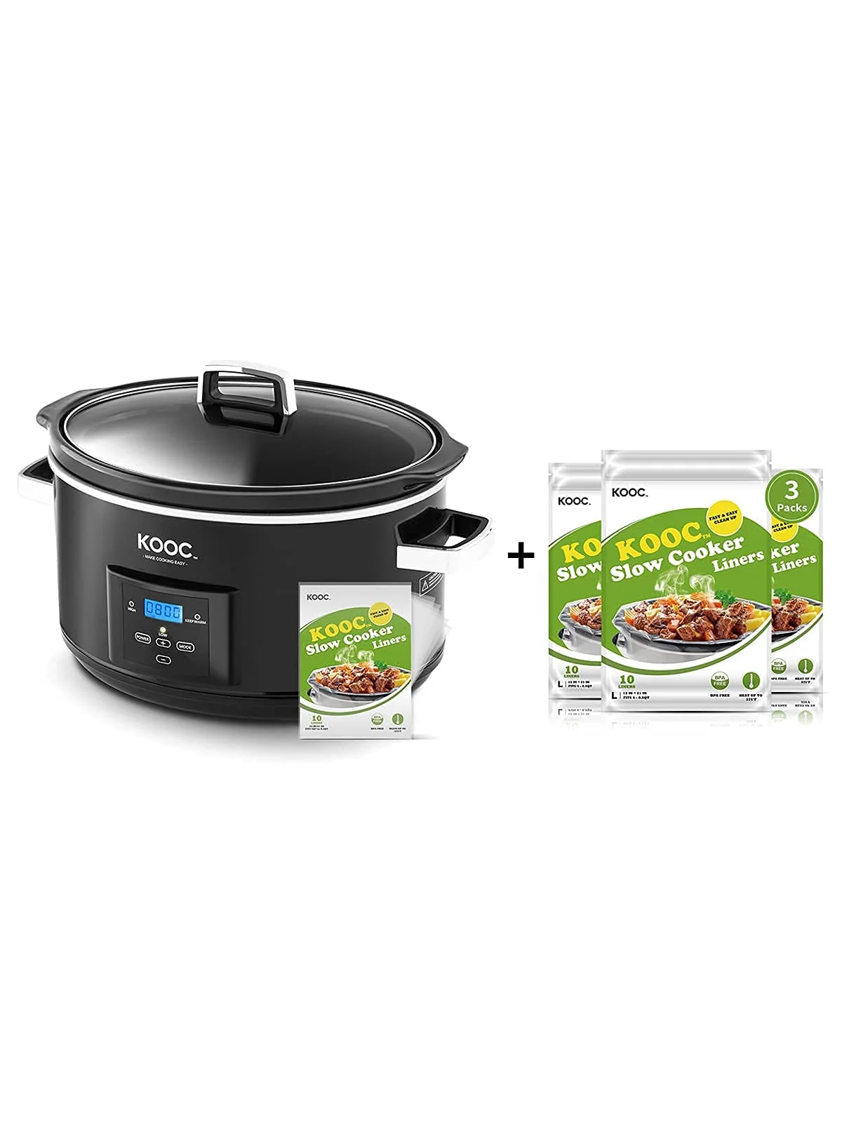 Bundle Group KOOC Programmable Slow Cooker 8.5-Quart with 5 Bonus Free Liners + Additional 3 Pack of 30 Liners for Easy Clean-up, Upgraded Pot, Adjustable Temp, Nutrient Loss Reduction product image