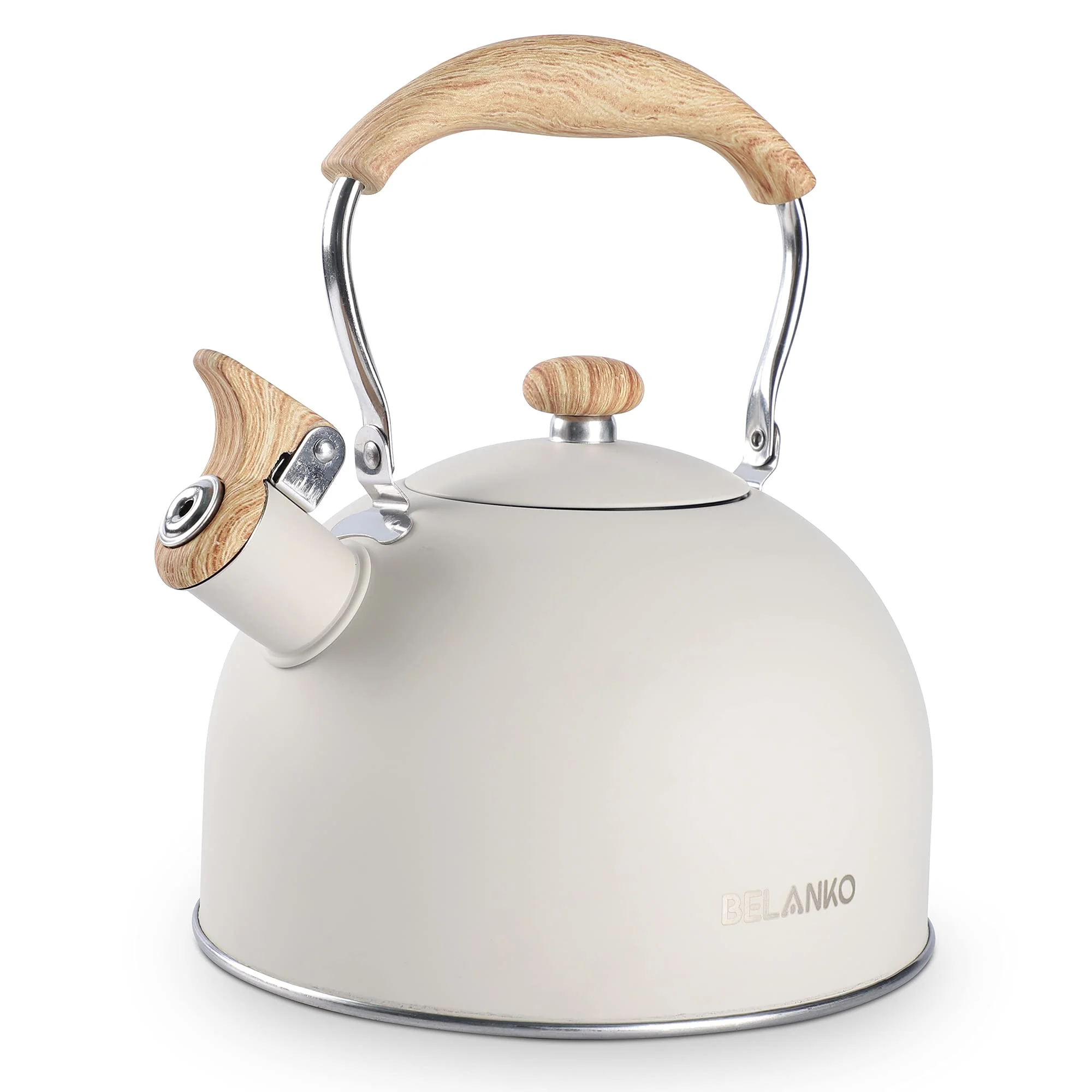 Tea Kettle, BELANKO 85 OZ / 2.5 Liter Whistling Tea Kettle Pots for Stove Top Food Grade Stainless Steel with Wood Pattern Folding Handle, Loud Whistle for Tea, Coffee, Milk - Milk White product image