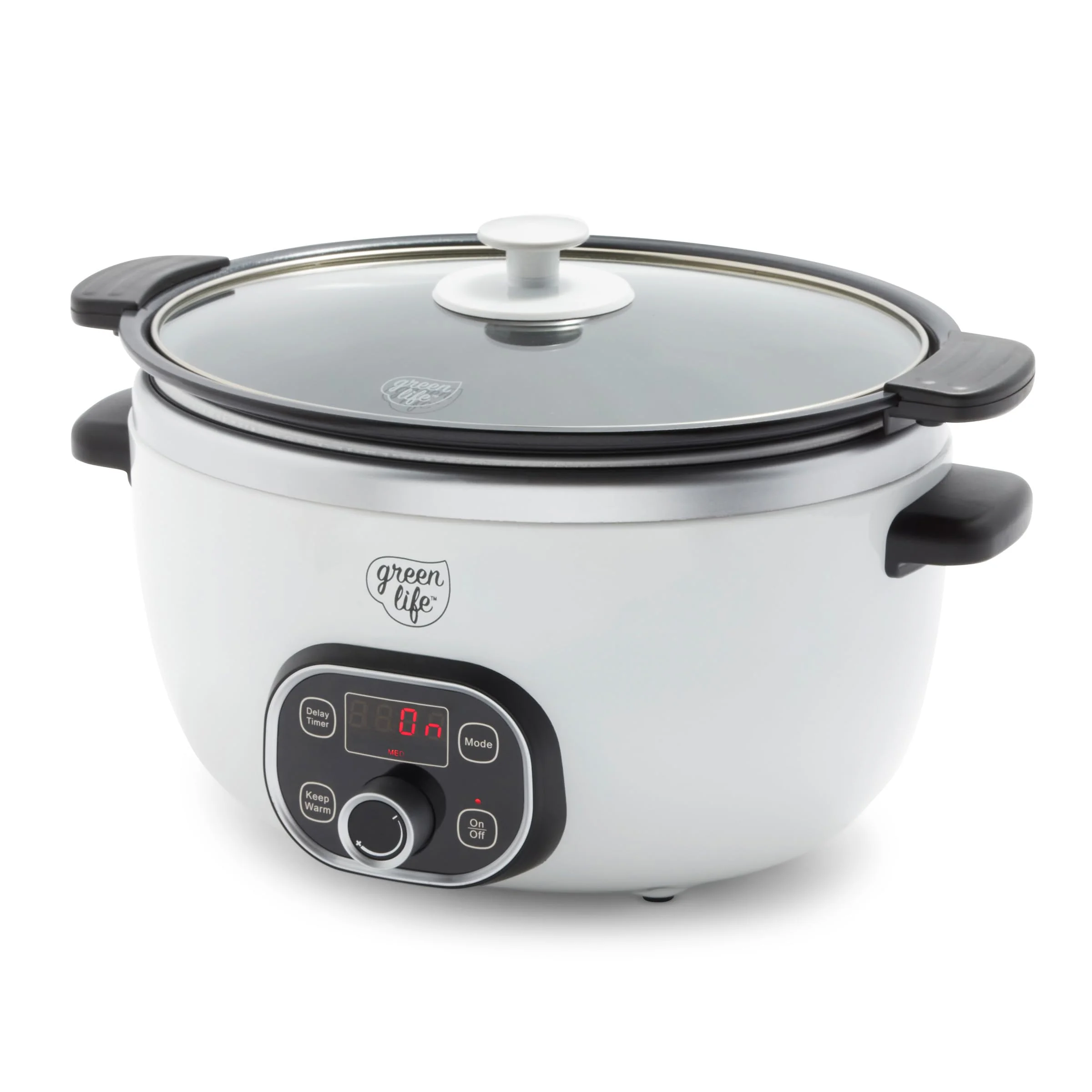 GreenLife 6QT Slow Cooker, Non-Toxic PFAS-Free Ceramic Nonstick Removable Interior Bowl, Programmable, Family Friendly, Keep Warm, Stovetop & Oven Safe, Dishwasher Safe Crock, Timer, Glass Lid, White product image