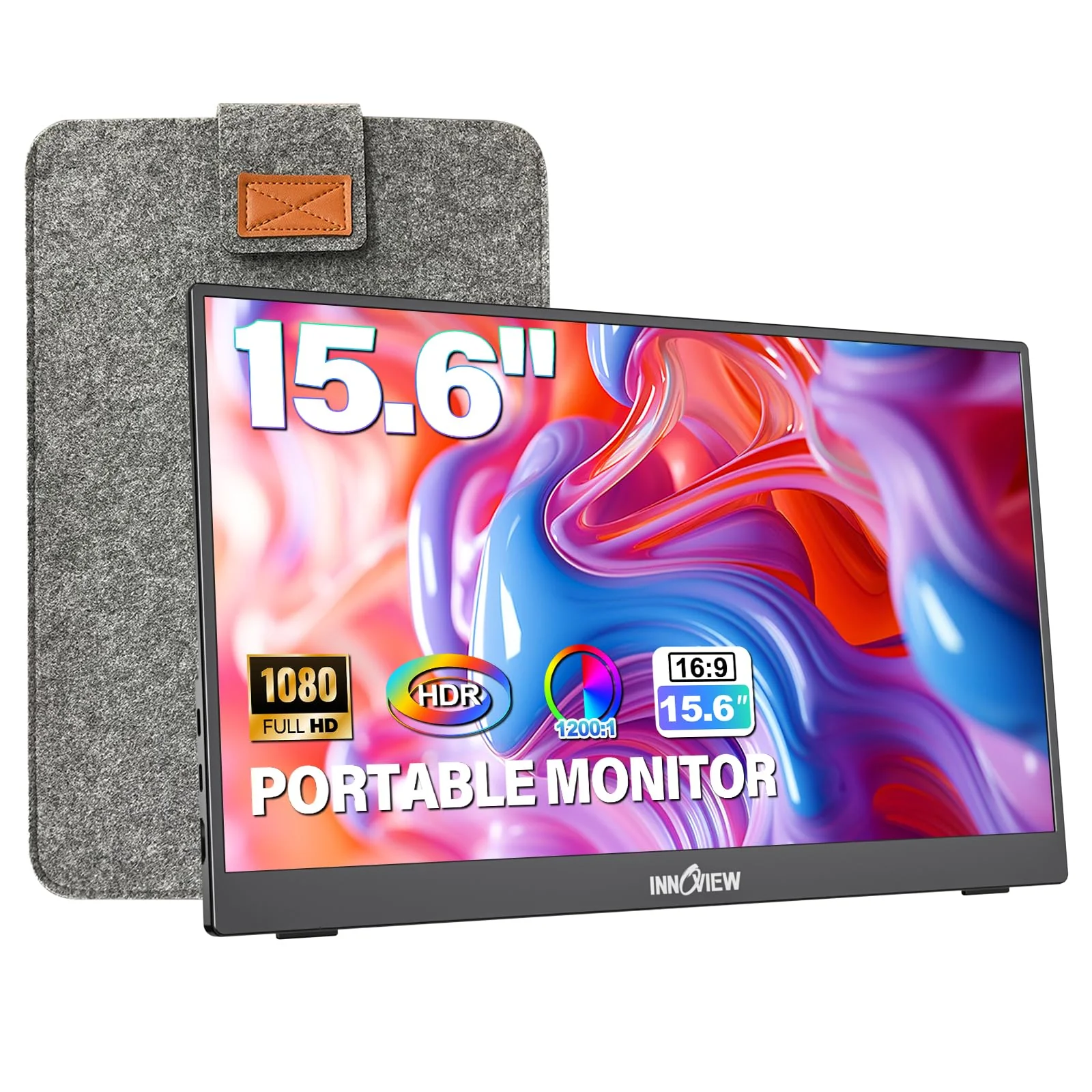 InnoView Portable Monitor 15.6" 1080P for Laptop with Protective Sleeve, Built-in 90° Adjustable Stand USB C HDMI Ultra-Slim Portable Laptop Monitor for MacBook Phone PS Xbox Switch product image